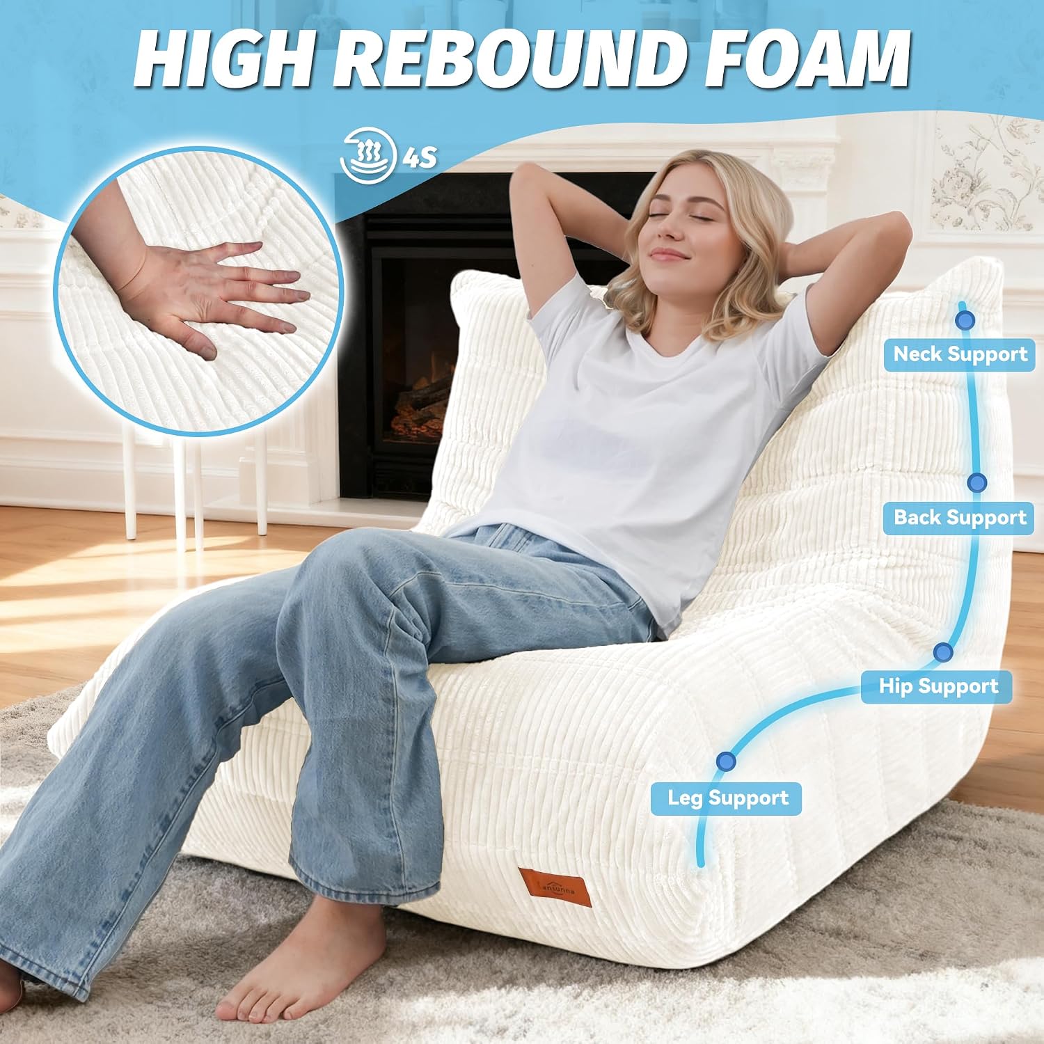 Bean Bag Chair,Giant Beanbag Chairs for Adults,Comfy Large Fireside Chair Lazy Sofa,Corduroy Bean Bag Lounger with Memory Foam Filled,Floor Sofa Couch for Home,Dorm,Living Room (Beige)