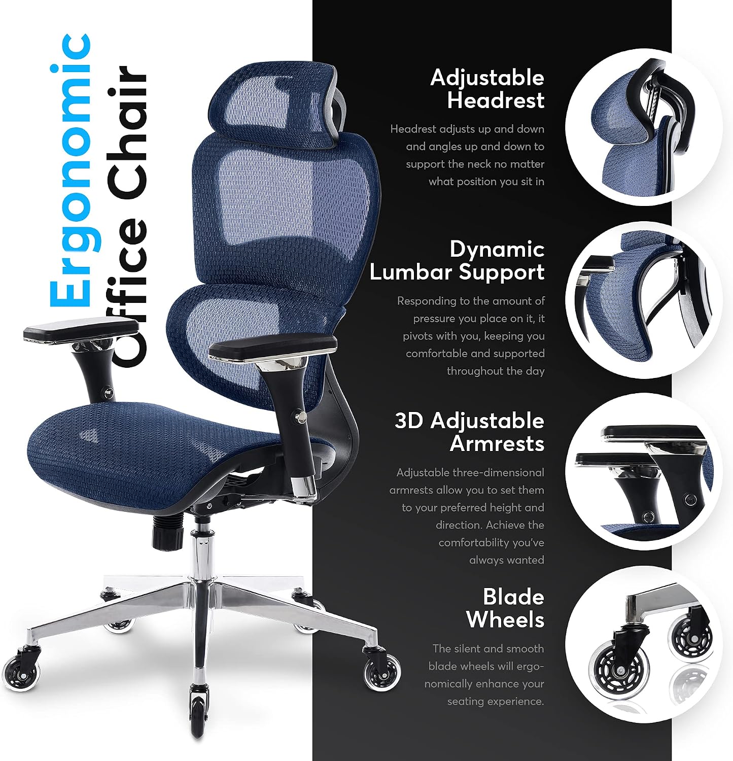 Oline ErgoPro Ergonomic Office Chair - Rolling Desk Chair with 4D Adjustable Armrest, 3D Lumbar Support and Blade Wheels - Mesh Computer Chair, Gaming Chairs, Executive Swivel Chair (Navy Blue)