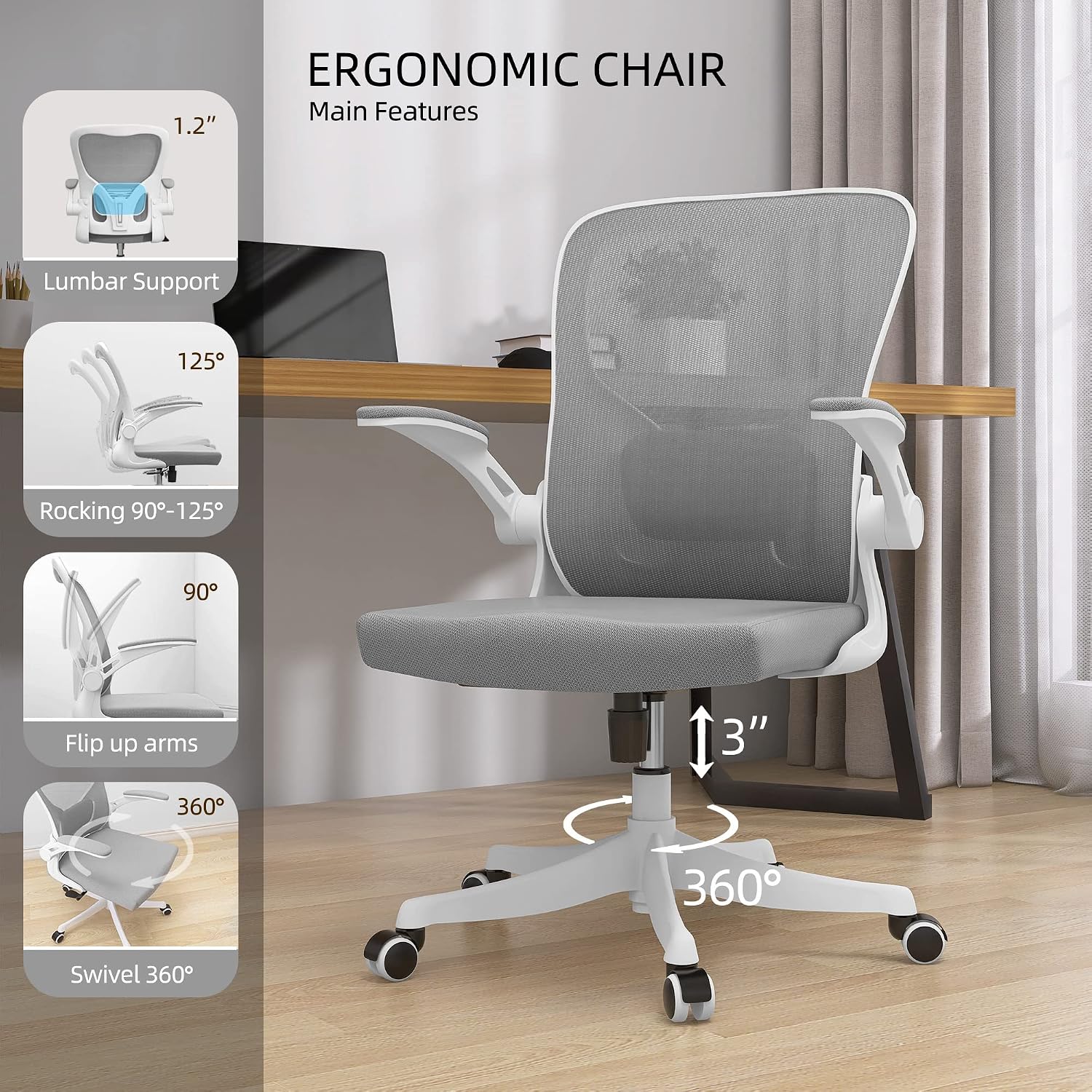 Monhey Ergonomic Office Chair, 90°-125° Tilt Back Home Desk Chair with 360° Swivel & Mute Wheels, High Back Mesh Computer Chair for Adults with Lumbar Support, 330 LBS Capacity (01White+Gray)