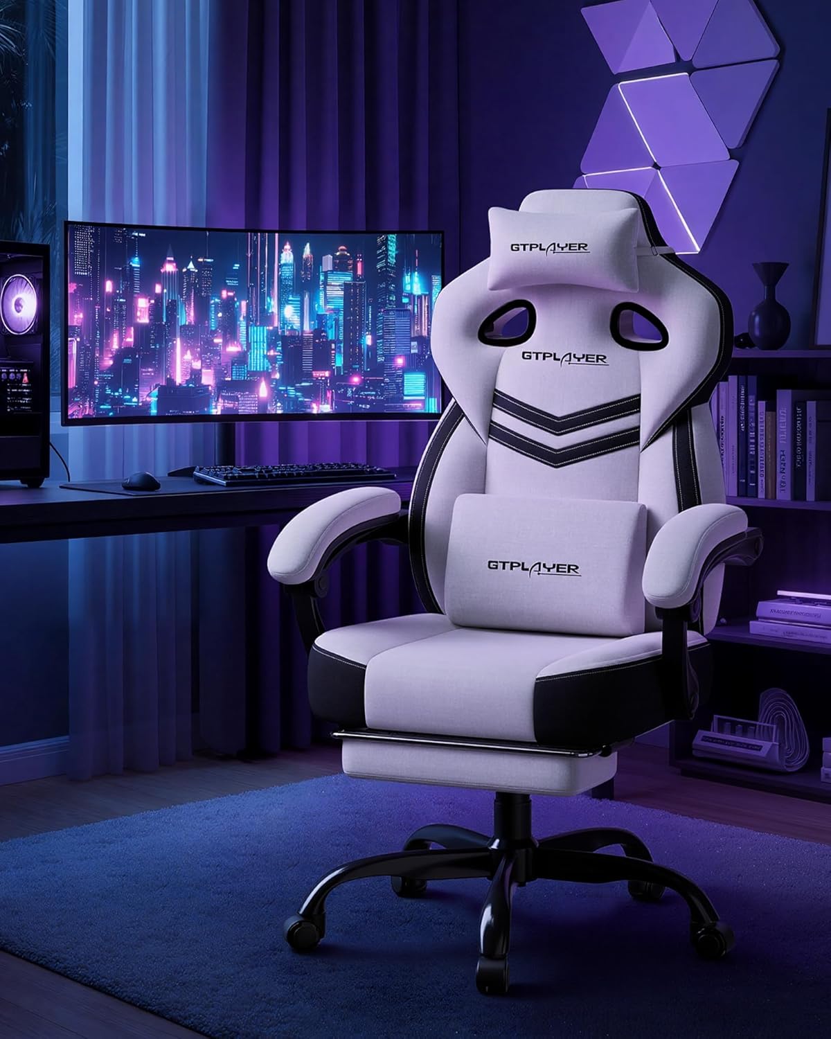 GTPLAYER Gaming Chairs for Adult - Ergonomic Big & Tall Gaming Seat with Footrest & Lumbar Support, Comfortable Office Chair 90-155° Reclining - Heavy Duty Wide Computer Seat, Bright Grey