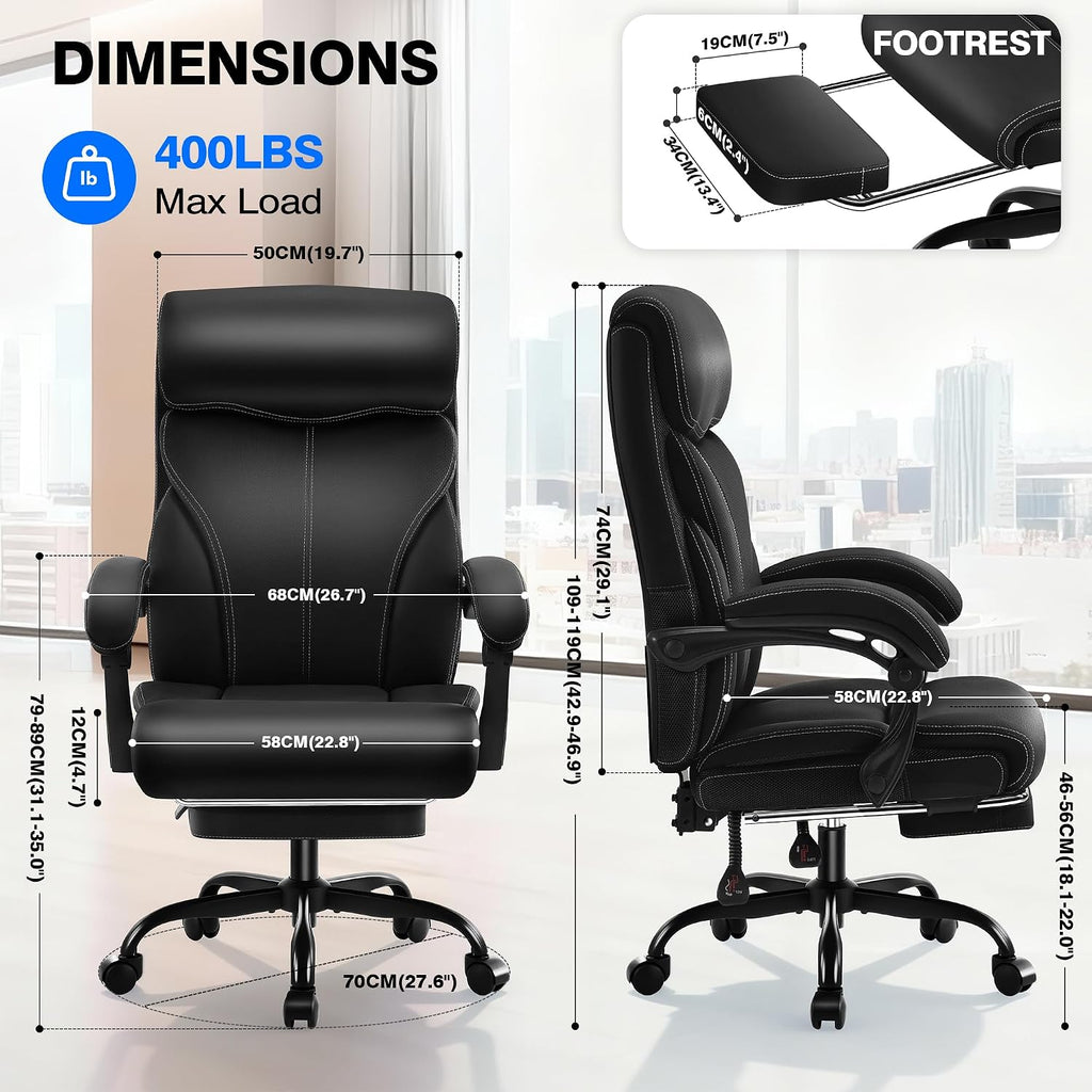 AreShark Office Chair - Ergonomic Comfortable High Back Computer Desk Chair with Foot Rest - Executive Breathable Swivel Rolling Reclining Leather Chair with Lumbar Support for Home Gaming Relaxing