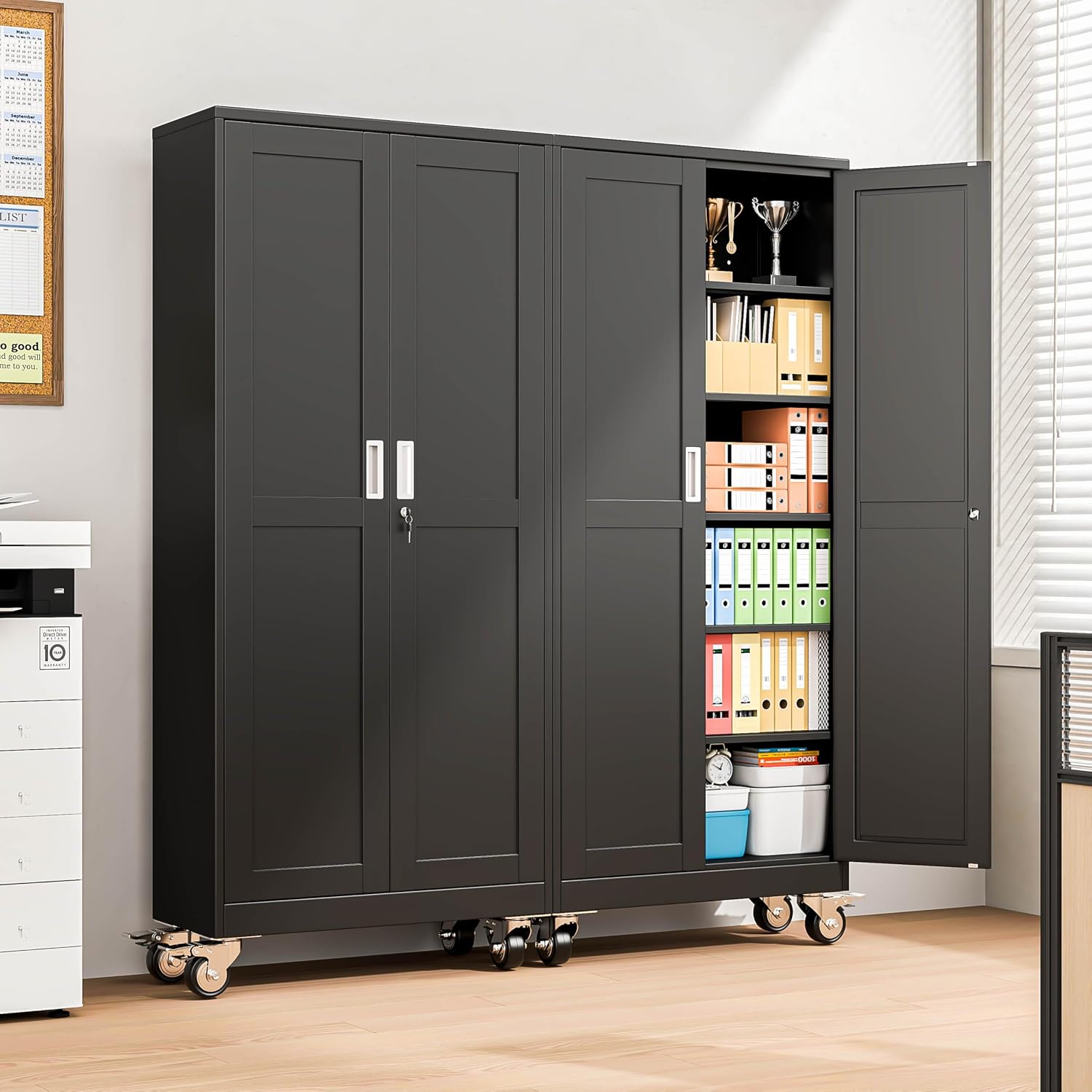 Metal Garage Storage Cabinets and storage system, 75'Tall Rolling utility cabinet with Wheels, Lock, 5 Adjustable Shelves, Heavy Duty Steel Tool Locker for Home Office, Utility Room, Gym,Black