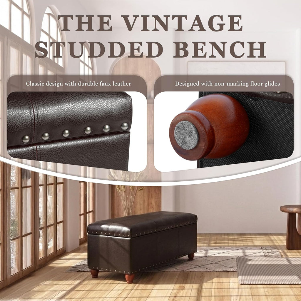 HomePop Espresso Faux Leather Storage Cocktail Bench with Nailhead Trim