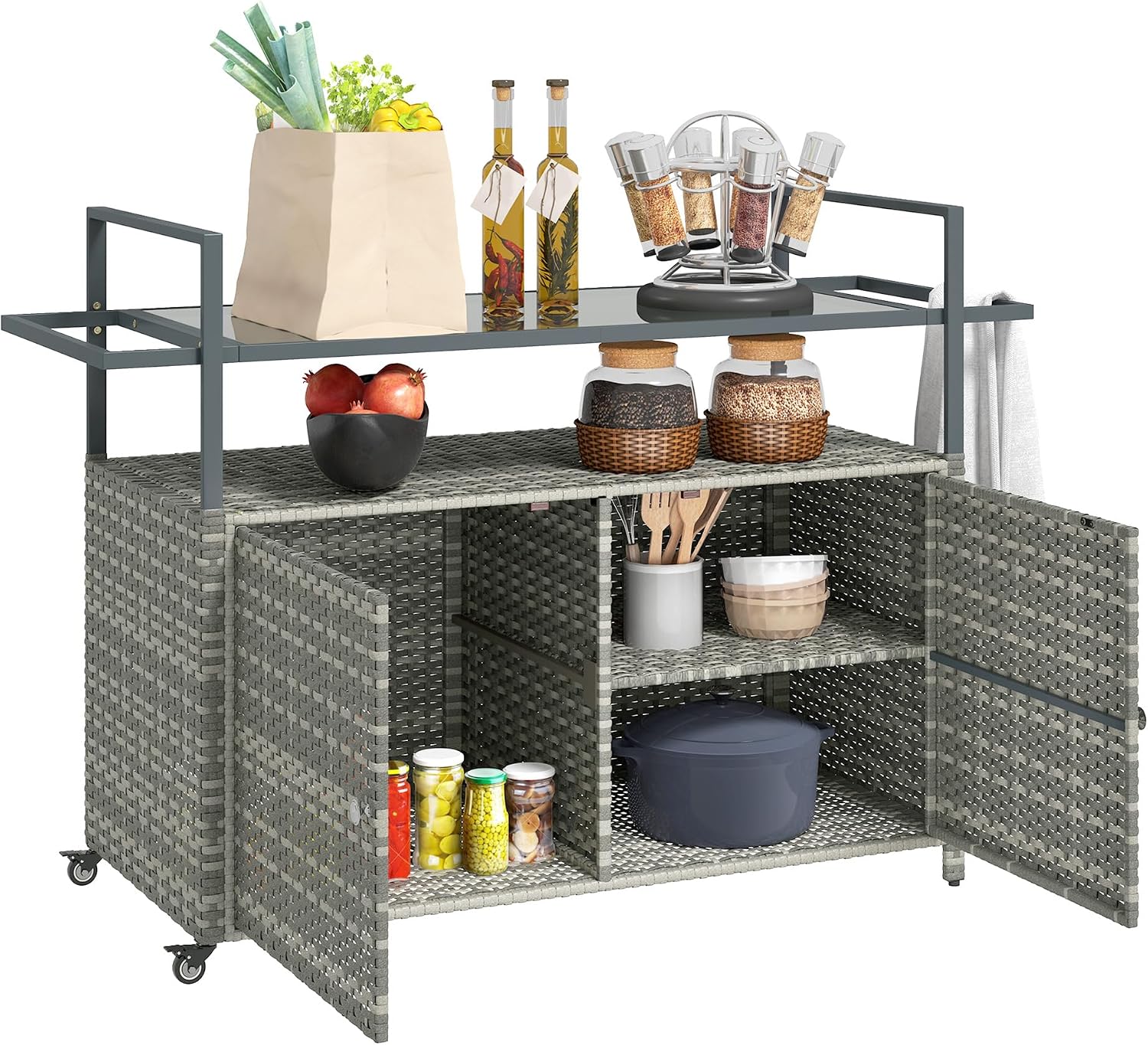 Outsunny PE Rattan Outdoor Storage Cabinet, Wicker Outdoor Bar Table Kitchen Island with Wheels & 2-Tier Shelf, Patio Serving Cart with Glass Top, Handles, Towel Racks for Poolside, Mixed Gray