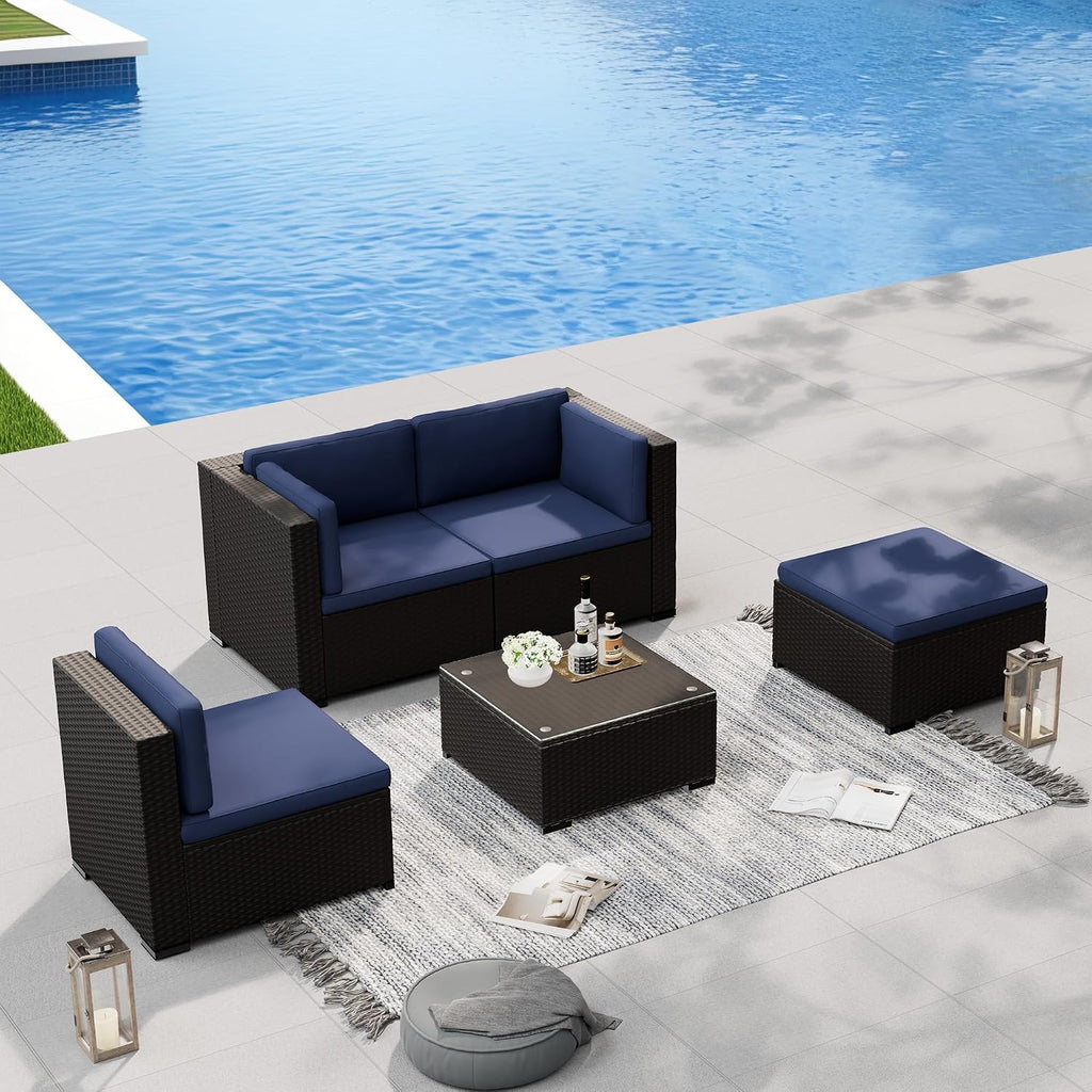 Oakcloud 5-Piece Outdoor Patio Furniture Sofa Set Black Rattan Wicker Sectional Conversation Sets with Glass Top Table and Cushions(Dark Blue)