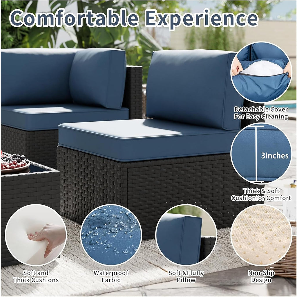 5pcs Patio Outdoor Furniture Sets Conversation Set, Low Back All-Weather Rattan Sectional Sofa with Tea Table&Washable Couch Cushions, Patio Furniture Sets (Black Rattan)