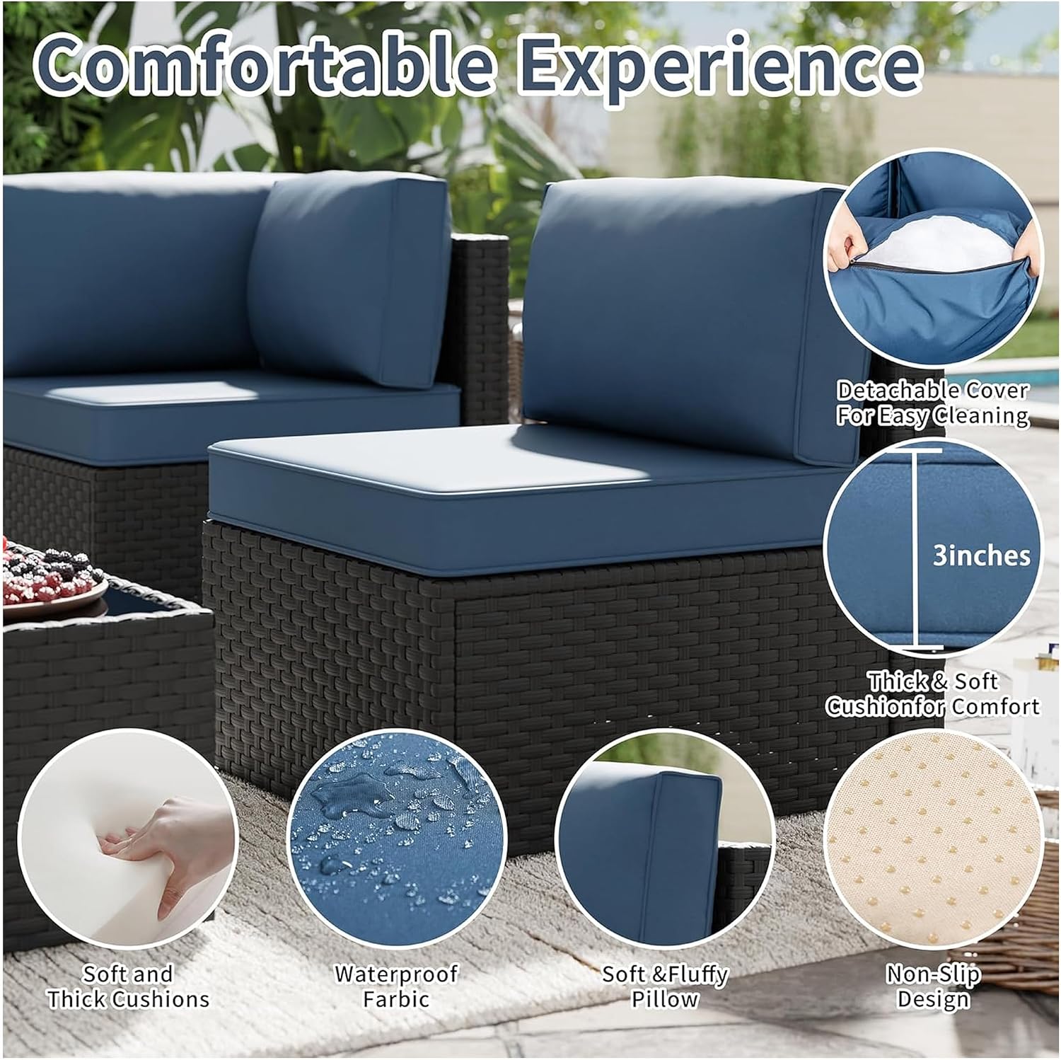 5pcs Patio Outdoor Furniture Sets Conversation Set, Low Back All-Weather Rattan Sectional Sofa with Tea Table&Washable Couch Cushions, Patio Furniture Sets (Black Rattan)