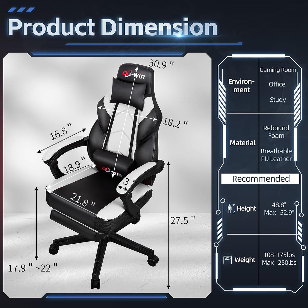 Gaming Chair with Footrest & Lumbar Support, Ergonomic Racing Style Computer Chair, 360° Swivel Height Adjustable Video Game Chair, Massage Office Chair Gaming Equipment, White