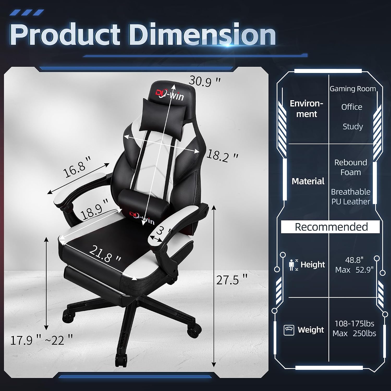 Gaming Chair with Footrest & Lumbar Support, Ergonomic Racing Style Computer Chair, 360° Swivel Height Adjustable Video Game Chair, Massage Office Chair Gaming Equipment, White