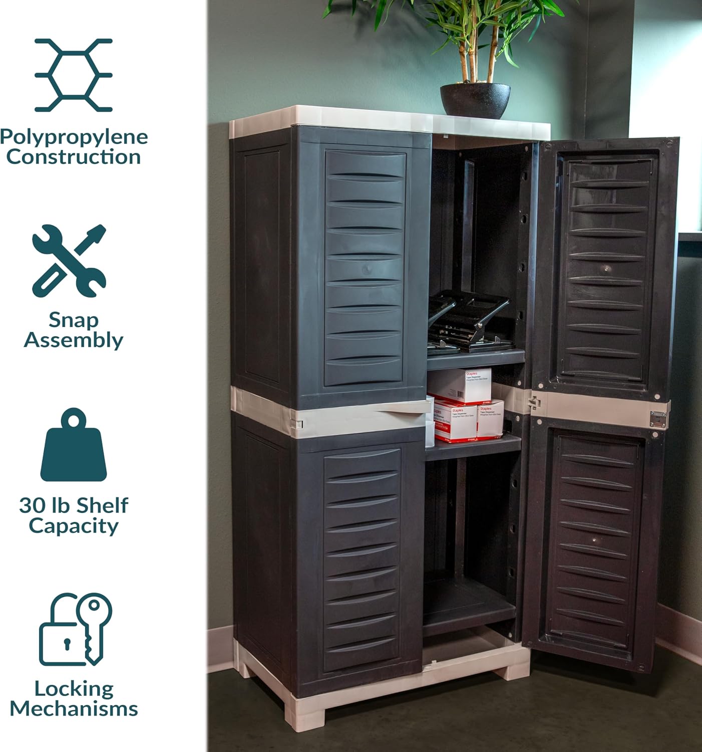 Sunnydaze 48' H Resin Garage Storage Cabinet - Garage Cabinet with Lockable Doors and 3 Adjustable Shelves - Freestanding Utility Storage for Laundry Room, Office, Basement - Charcoal