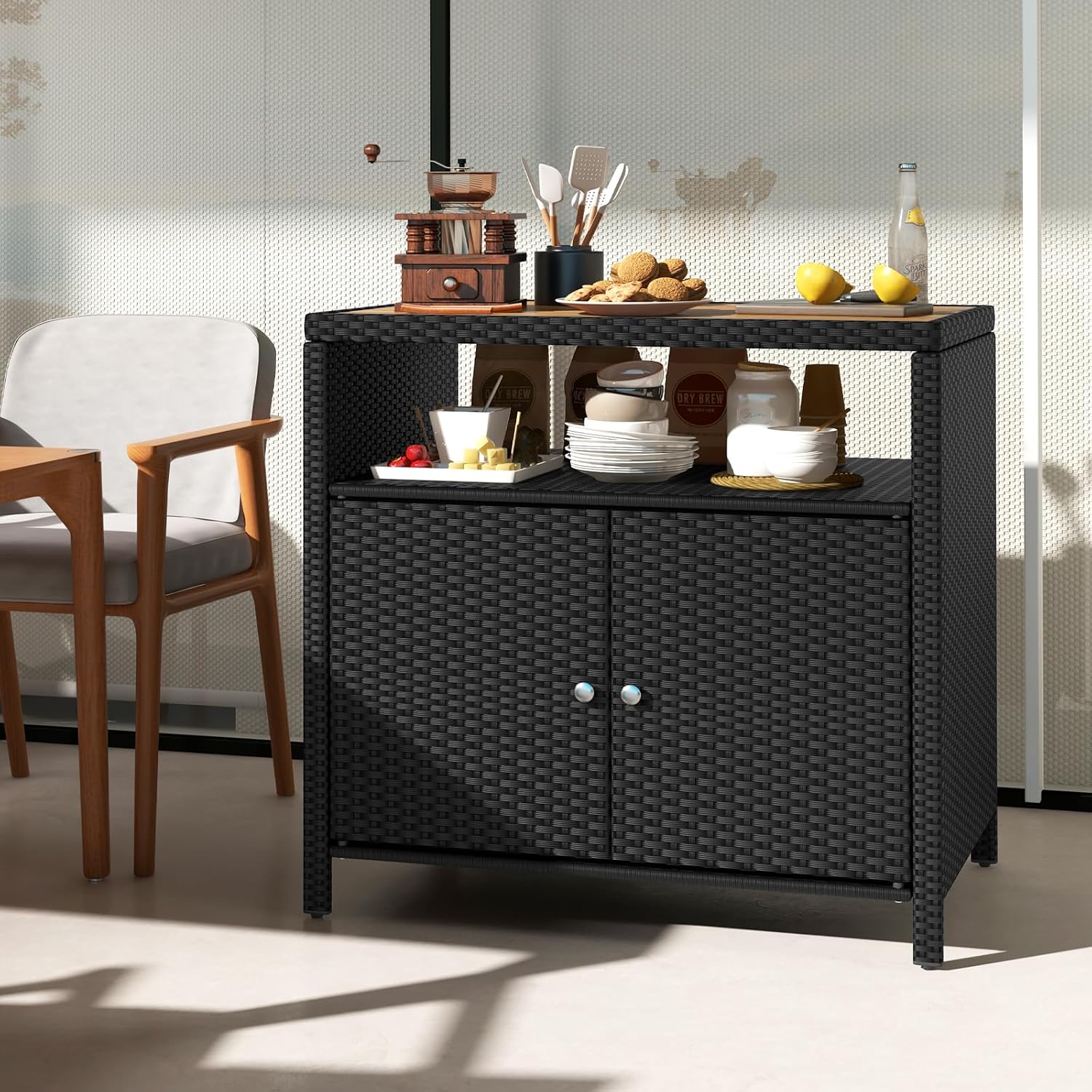 HAPPYGRILL Rattan Storage Cabinet, Patio Sideboard Buffet Cabinet with Acacia Wood Countertop, Open Shelf & 2 Door Cabinet, Wicker Storage Organizer for Garden Tools (Black)