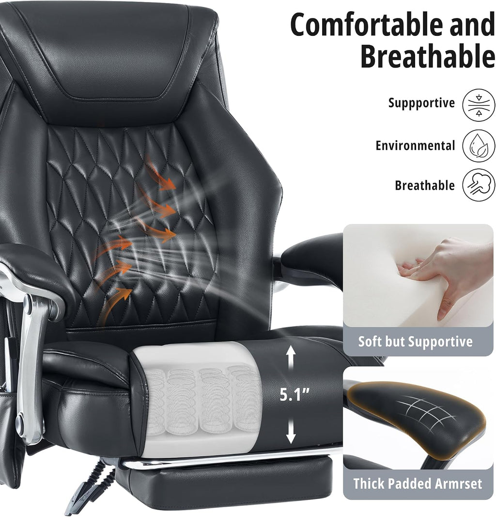 Massage Office Chair with Heat & Footrest, Ergonomic Reclining Executive Desk Chairs with 6-Point Vibration, PU Leather Computer Chair for Home Office or Gaming