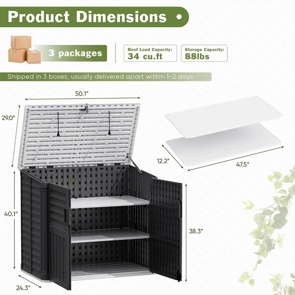 JUMMICO Resin Outdoor Storage Shed, 34 Cu Ft Horizontal Storage Cabinet with Shelves for Trash Cans, Garden Tools, Pool Supplies (Black)