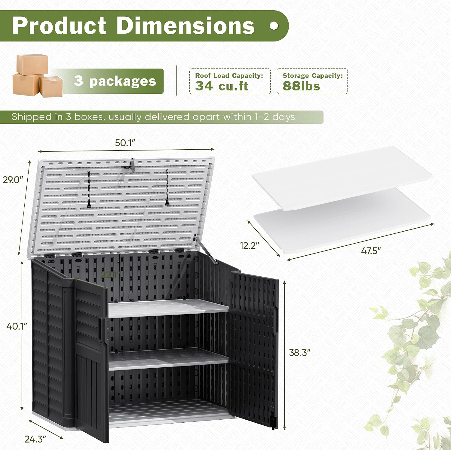 JUMMICO Resin Outdoor Storage Shed, 34 Cu Ft Horizontal Storage Cabinet with Shelves for Trash Cans, Garden Tools, Pool Supplies (Black)