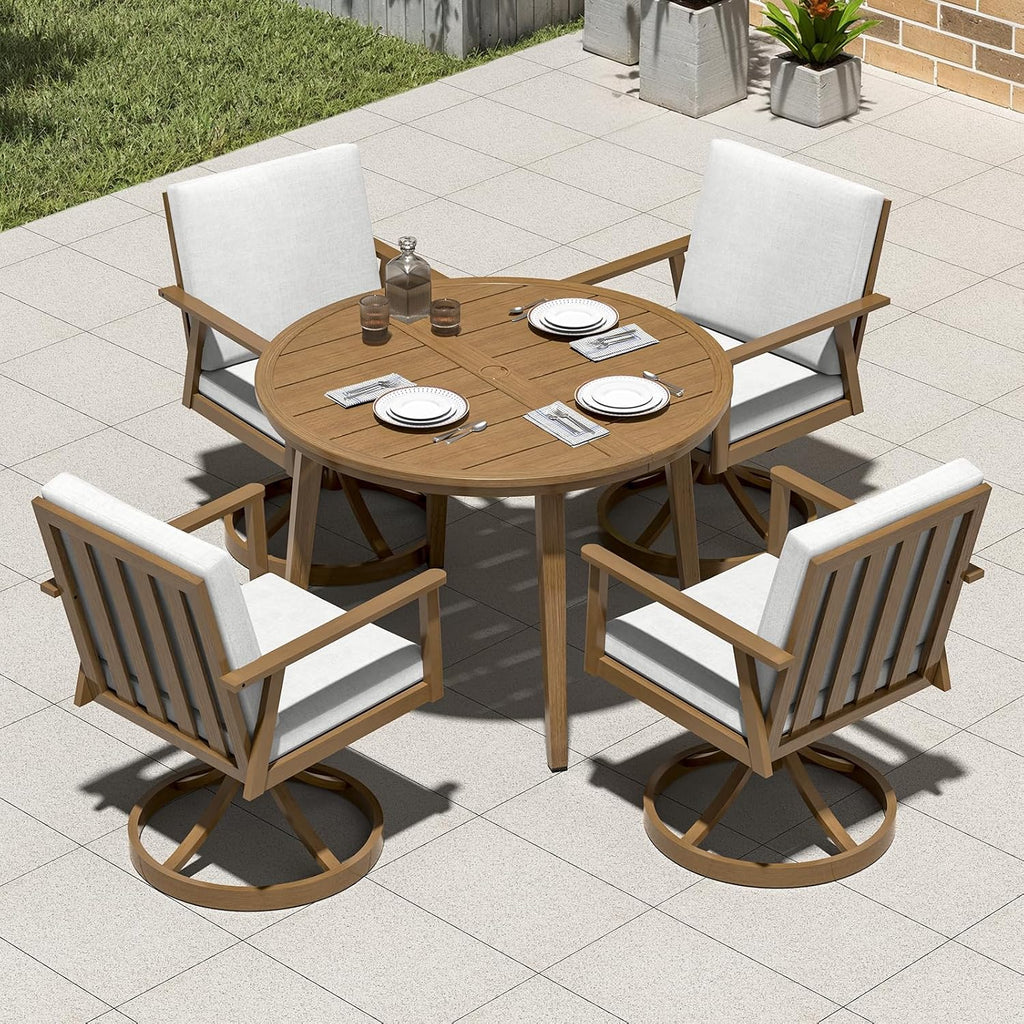 5-Piece Round Patio Swivel Dining Set, Aluminum Round Outdoor Dining Set with 4 Swivel Chairs, Patio Dining Table Set with Cushions, Never-Rust Outdoor Furniture Set for Pool, Deck, Lawn, Teak