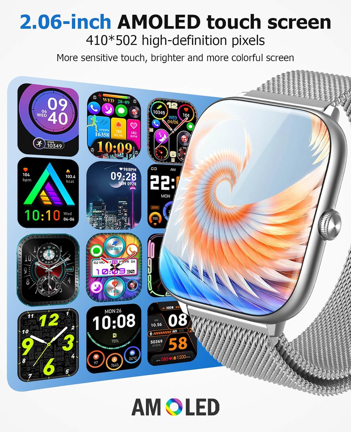 Silver Smart Watch for Men Women with Blood Pressure Monitor, 2.06' AMOLED Display, Metal IP68 Waterproof Fitness Tracker, 118 Sports, Heart Rate/SpO2/Sleep, Tech Gift, Android iPhone Compatible