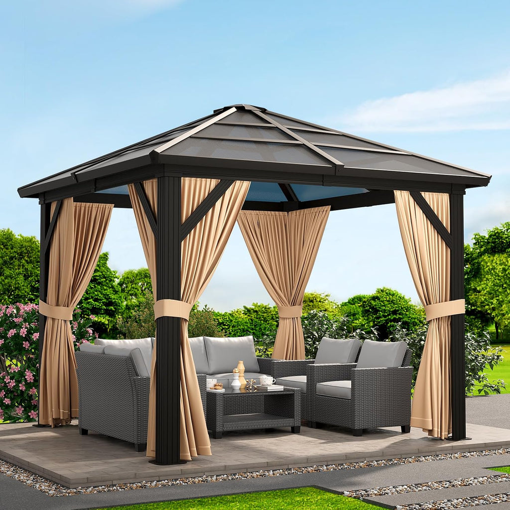 10x12ft Gazebo, Hardtop Outdoor Canopy Aluminum Frame Permanent Gazebo with Netting and Curtains, Polycarbonate Garden Tent for Patio, Lawn, Backyard, Deck (10'x12')