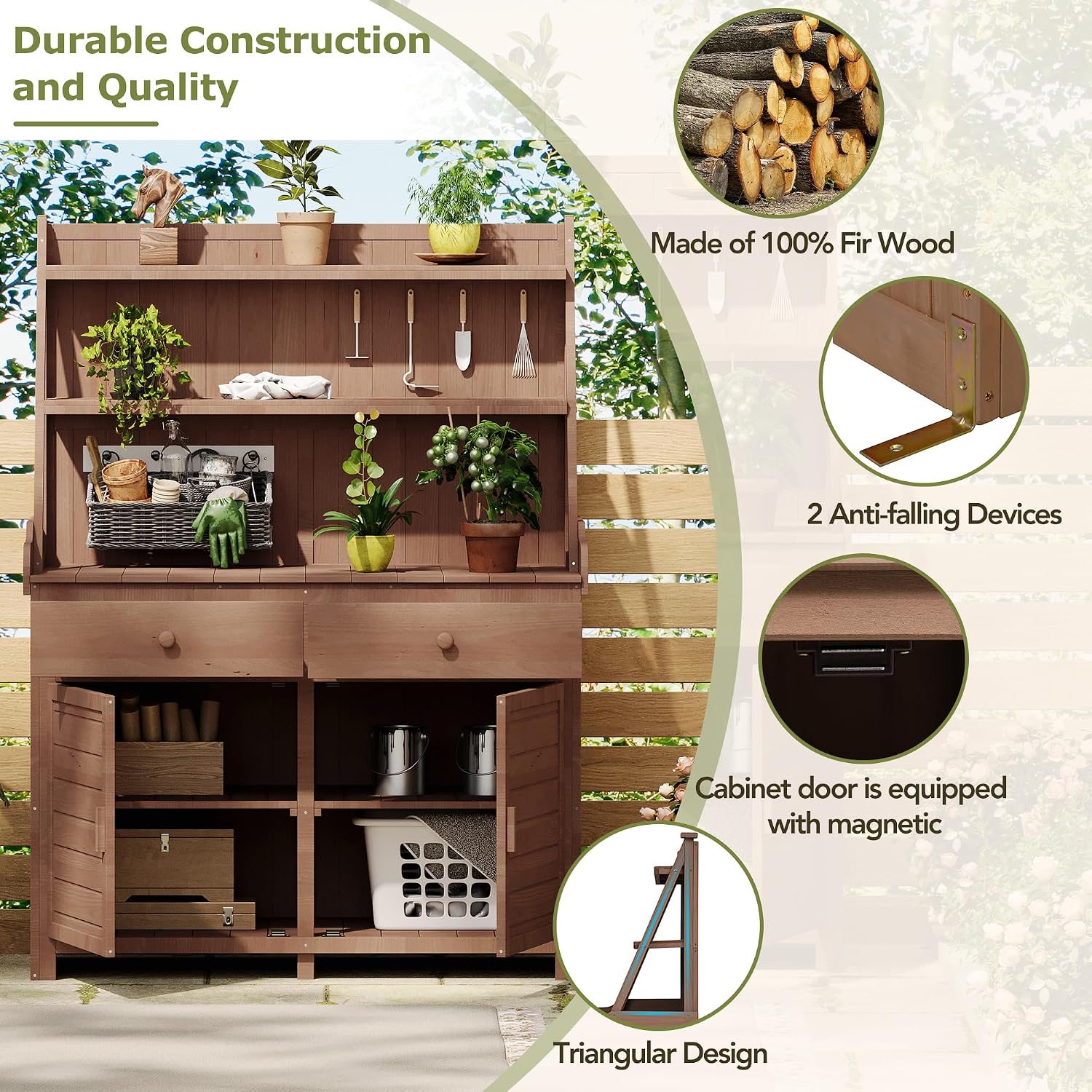 65inch Outdoor Potting Bench Table, Fir Wood Large Gardening Workstation with Storage Shelf, Drawer and Cabinet for Storage for Backyard, Mudroom (Brown/Fir Wood2)