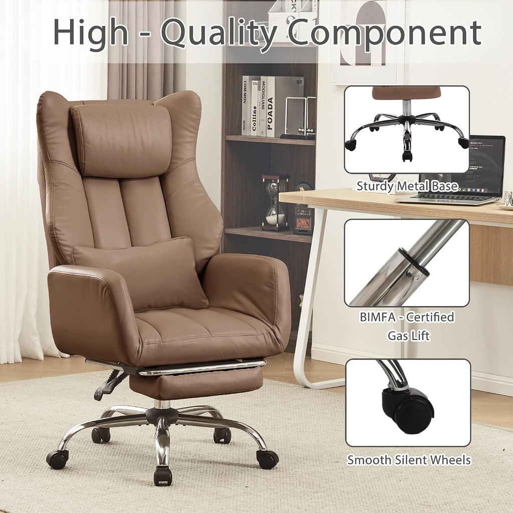 Ergonomic Cross Legged Office Chair with Footrest,Leather Big and Tall Executive Chair with Wheels,Reversible Armrest and Lumbar Pillow,155° Reclining Computer Wide Desk Chair for Home,Office (Brown)