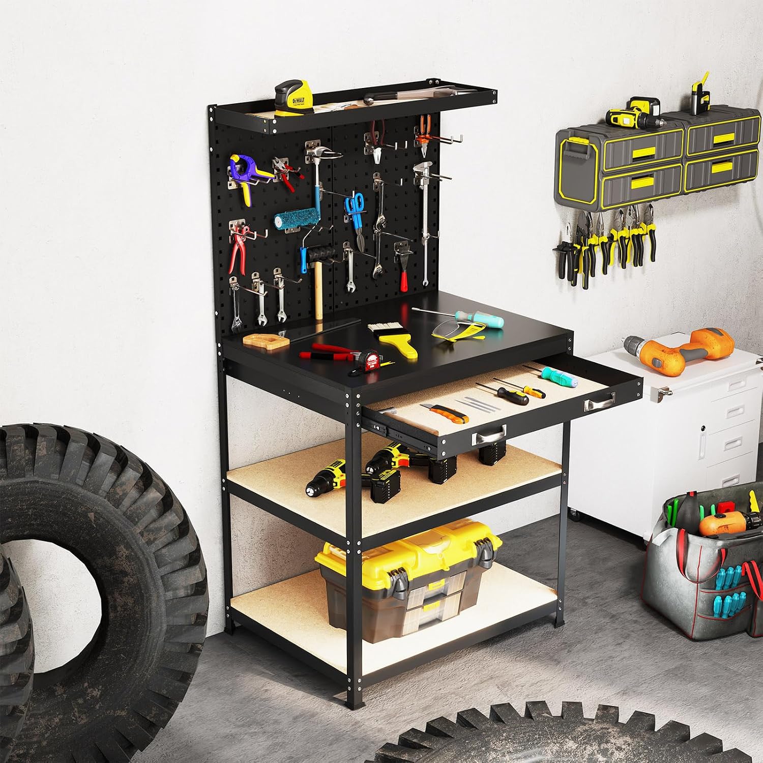 Goplus Workbench with Drawer, 32' x 16' Heavy-Duty Work Table with 2 PCS Pegboard & 4 Shelves, 19 Hanging Hooks, 495LBS Capacity, Metal Tool Storage Work Bench for Garage, Workshop, Home