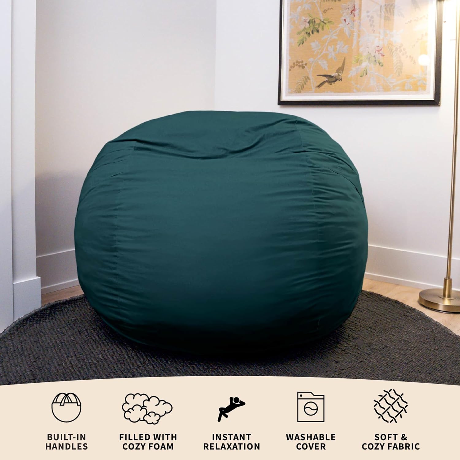 Big Joe Fuf 5Ft Oversized Foam Bean Bag Chair with Removable Cover for Kids, Teens, Adults, Deep Sea Velveteen, Durable Woven Polyester, 5 Foot Large Reading and Gaming Seat