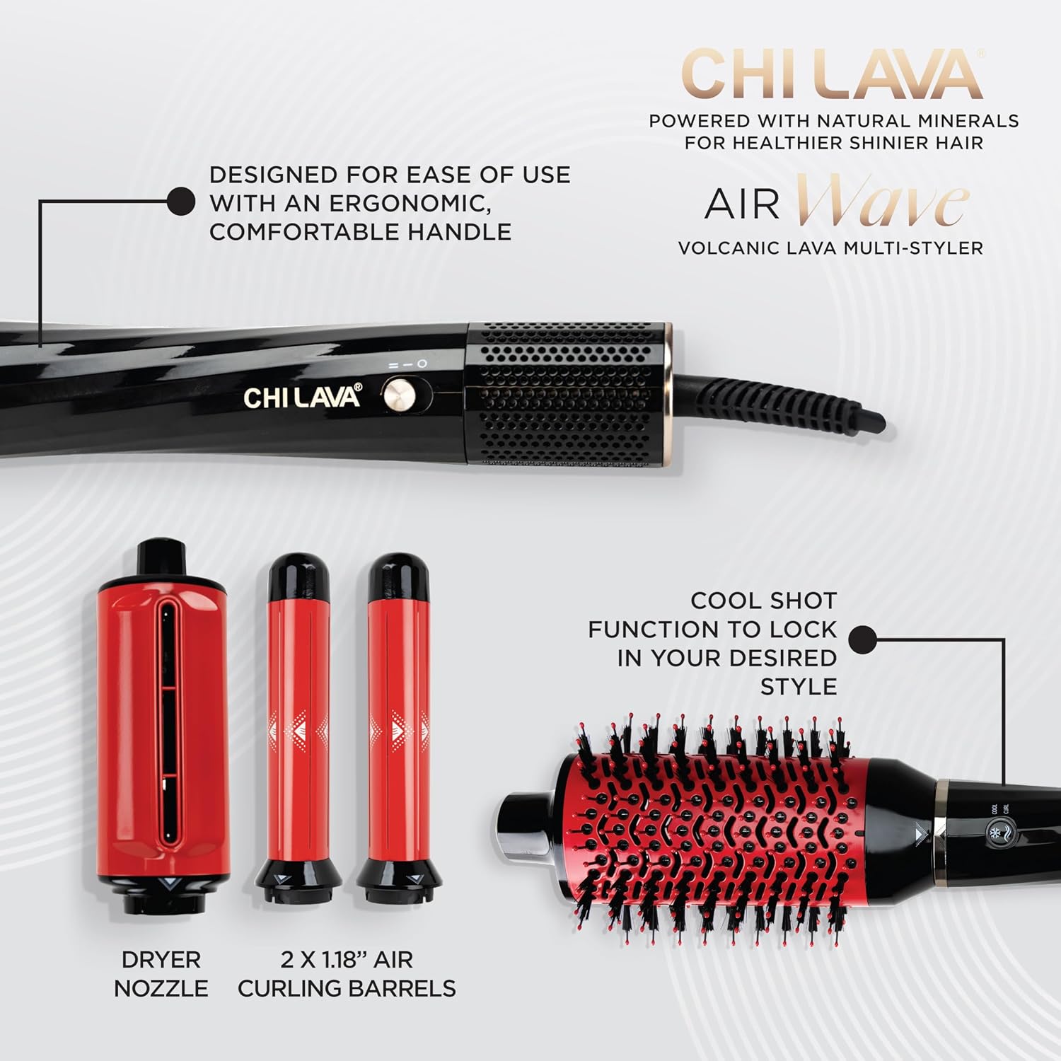 CHI Lava AirWave & CHI 44 Iron Guard (2 Oz) Gift Duo, Volumizes, Curls & Dries Hair for Frizz-Free Results, Low Heat for Less Damage, Black & Red