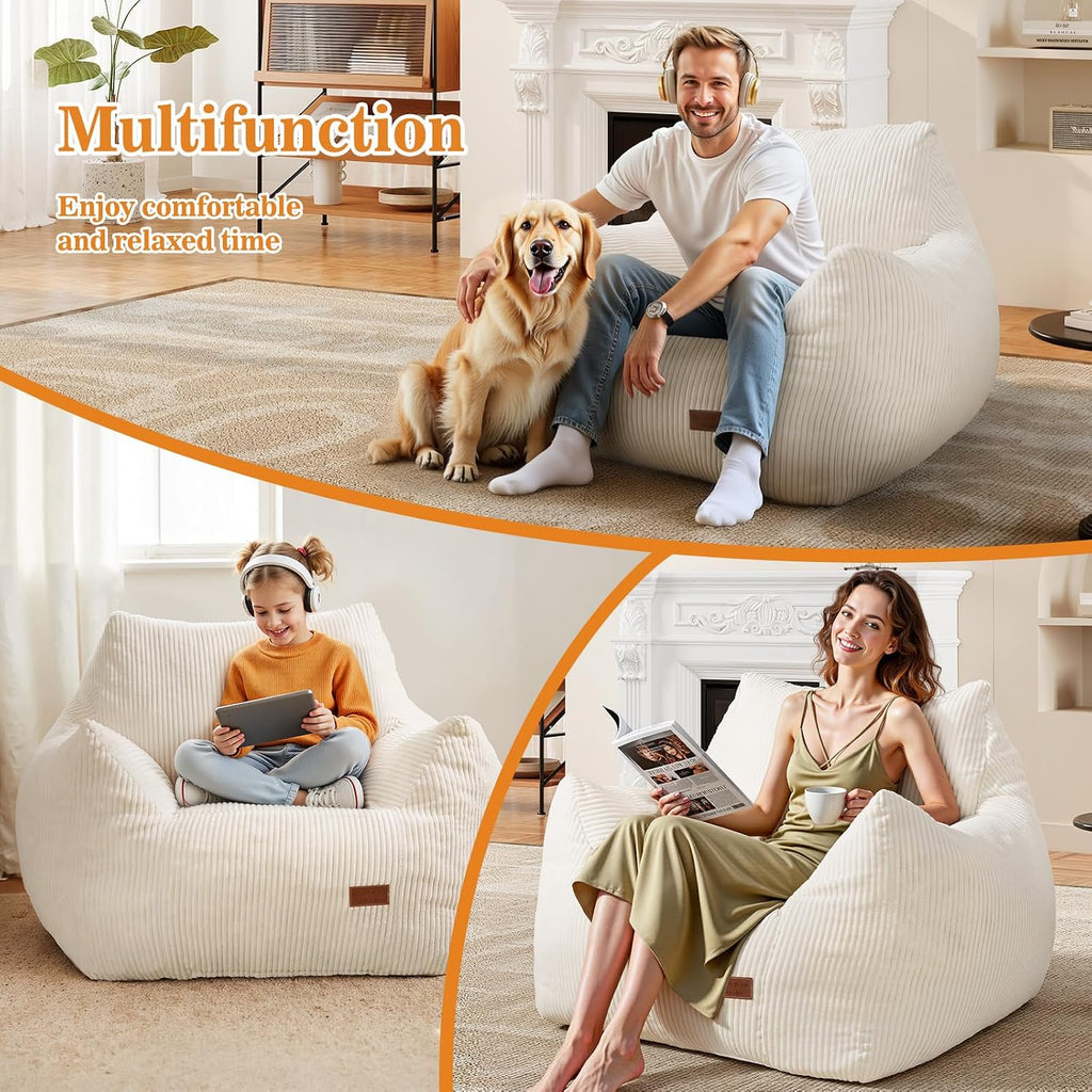 Big Bean Bag Chair for Adults, Ultra Soft Living Room Bean Bag with Armrests, Stuffed BeanBag Chair for Napping, Gaming, Vacuum-Compressed for Easy Gifting, 48 Hours to Fluffs Up, Beige