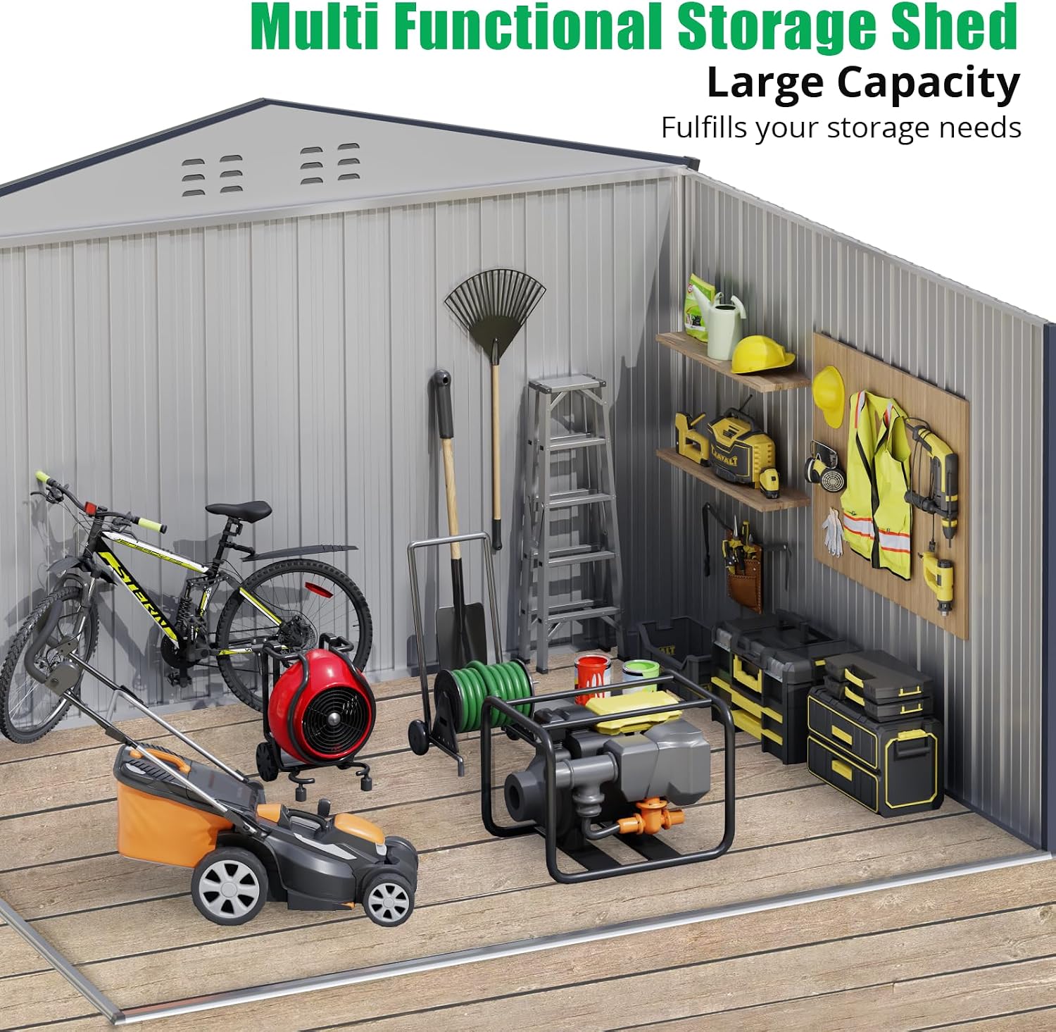 Acekool 10x12 FT Outdoor Metal Storage Shed, Large Garden Tool Shed with Lockable Door and Vents, Waterproof Galvanized Metal Sheds for Tools & Equipment, Garbage Can, Bike, Mower, Gray
