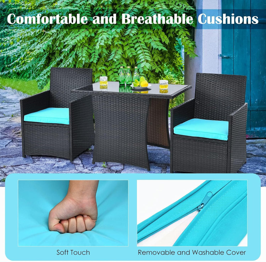 DORTALA Wicker Patio Bistro Set 3 Piece, Outdoor Table and Chairs with Tempered Glass Tabletop, Cushions, Small Rattan Furniture Conversation Sofa Set for Balcony, Porch, Backyard, Deck, Turquoise