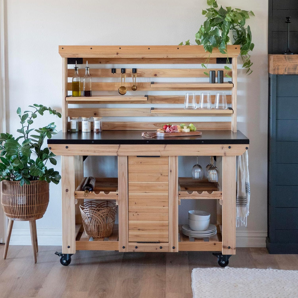 Backyard Discovery 48' Cedar Wood Buffet Hutch Serving Station with Galvanized Steel Countertop, Wine Rack, Wine Glass Rack, Trash Bin, Modular Shelves, Towel Bar, Drink and Food Prep, Indoor/Outdoor