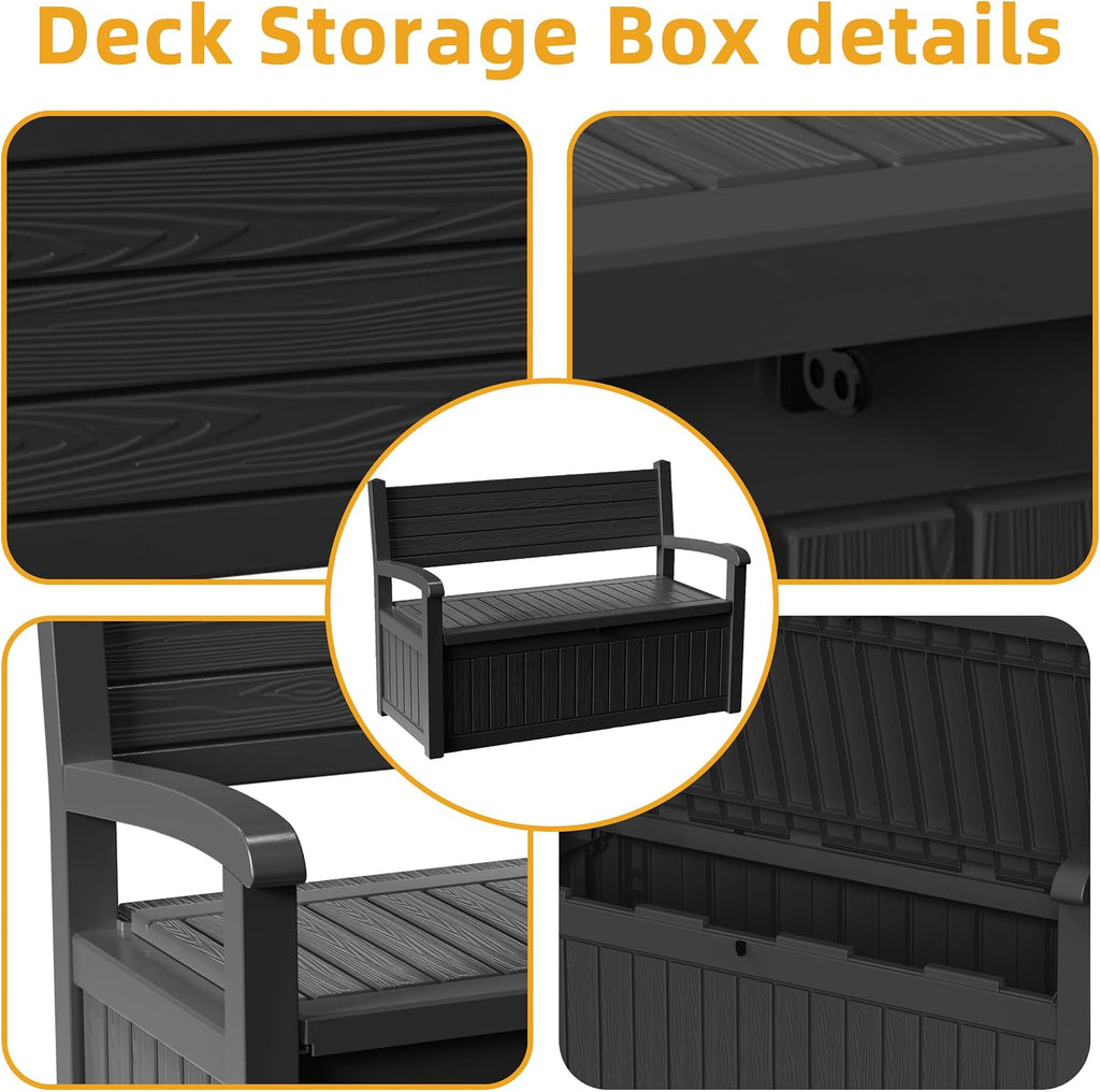 ROJIK 80 Gallon Storage Bench Deck Box Outdoor with Armrests,Wood Grain Style Resin Storage Furniture Waterproof Lockable for Porch Patio and Garden,Sturdy and Durable, Black