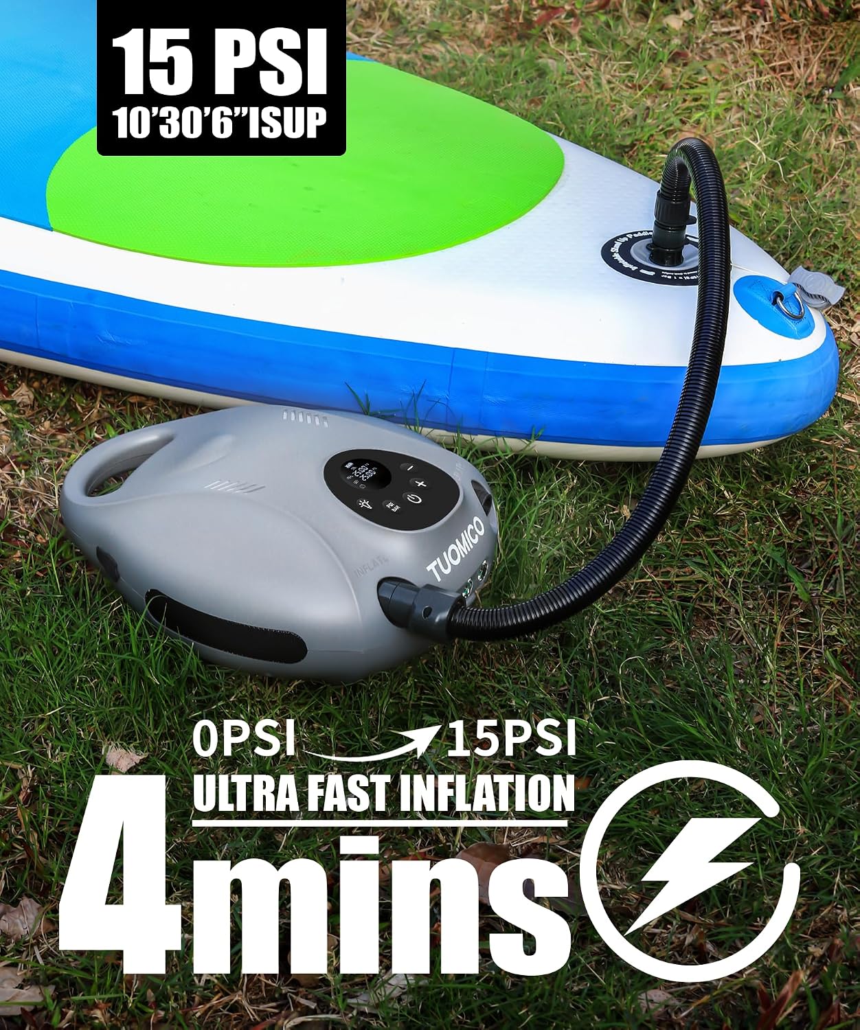 Truely Portable Paddle Board Pump 25 PSI High Pressure Sup Air Pump,4 Minutes Fast Inflation, 74WH Rechargeable Battery Powered Electric Air Pump for Inflatable Kayak Boat Float Tent