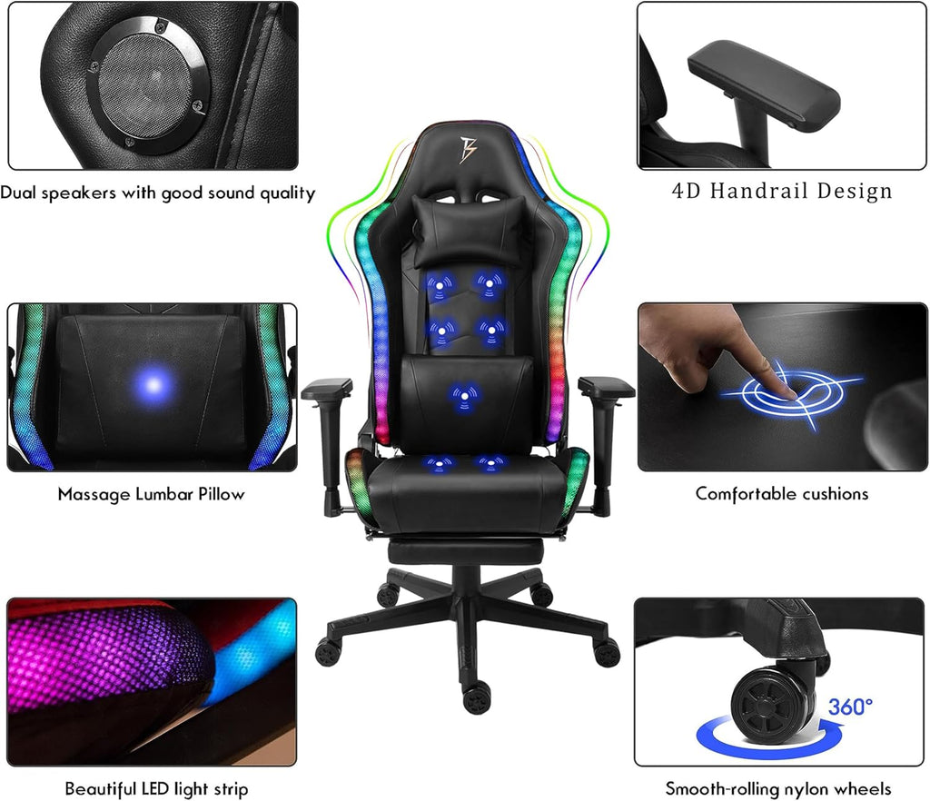 Adult Gaming Chair,Ergonomic Computer Chair,Gaming Chair with Footrest and Massage Lumbar Support,Gaming Chair with Speakers and RGB Lights,180° Tilt High Back Office Chair.,Pink