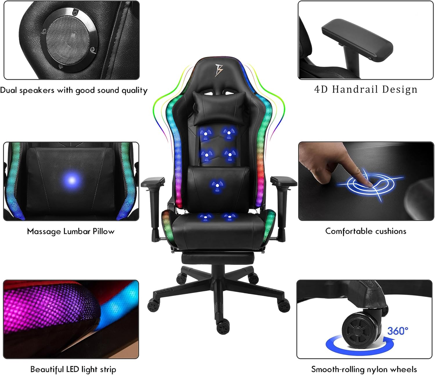 Adult Gaming Chair,Ergonomic Computer Chair,Gaming Chair with Footrest and Massage Lumbar Support,Gaming Chair with Speakers and RGB Lights,180° Tilt High Back Office Chair.,Black