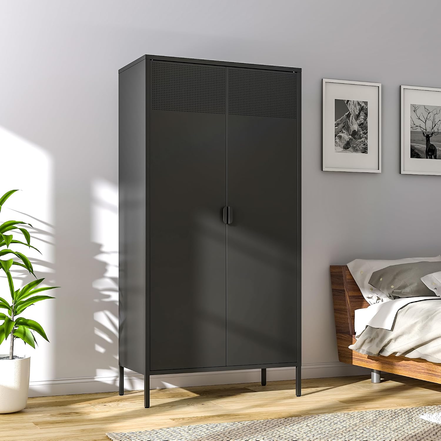 Washsemba Metal Storage Cabinets Locker with Hanging Rod and Adjustable Shelves, 71'' Clothing Steel Storage Wardrobe for Home & Office, School, Employee,Gym(Black, 71''H-Wardrobe)