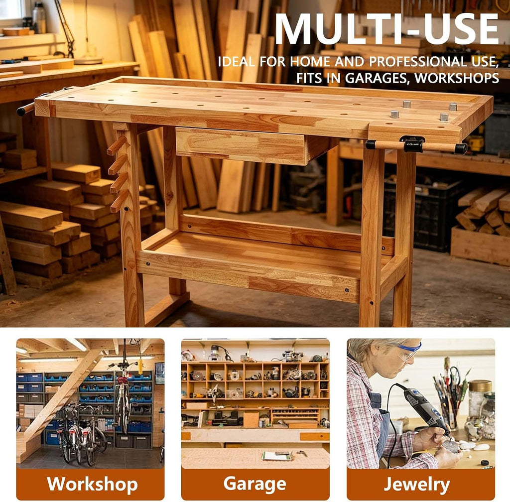 55' Rubber Wood Workbench, Heavy Duty Work Bench with Drawer & Shelf, Work Bench Table for Garage, Workshop, Home Storage, Woodworking Bench, 330 lbs Weight Capacity (55')