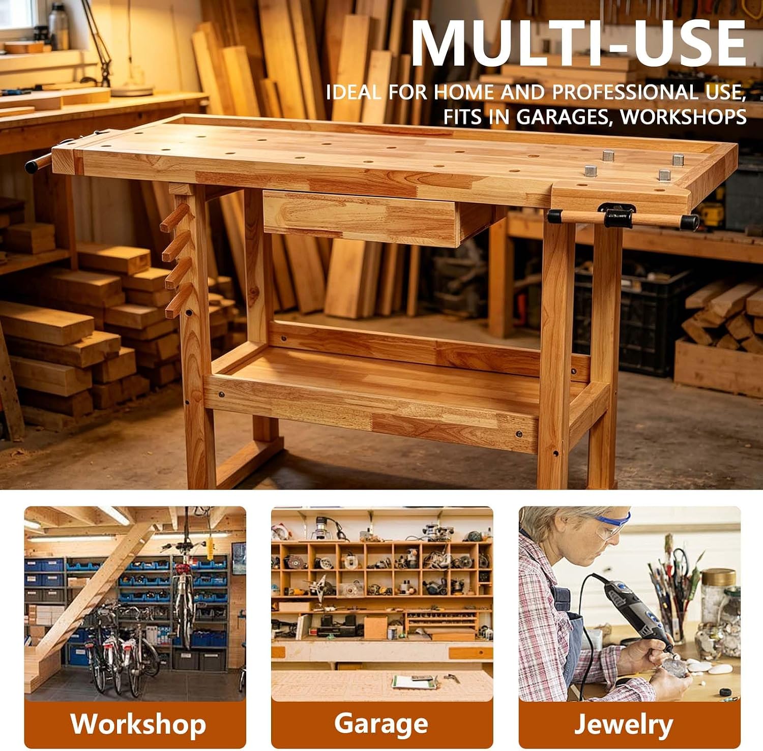 55' Rubber Wood Workbench, Heavy Duty Work Bench with Drawer & Shelf, Work Bench Table for Garage, Workshop, Home Storage, Woodworking Bench, 330 lbs Weight Capacity (55')