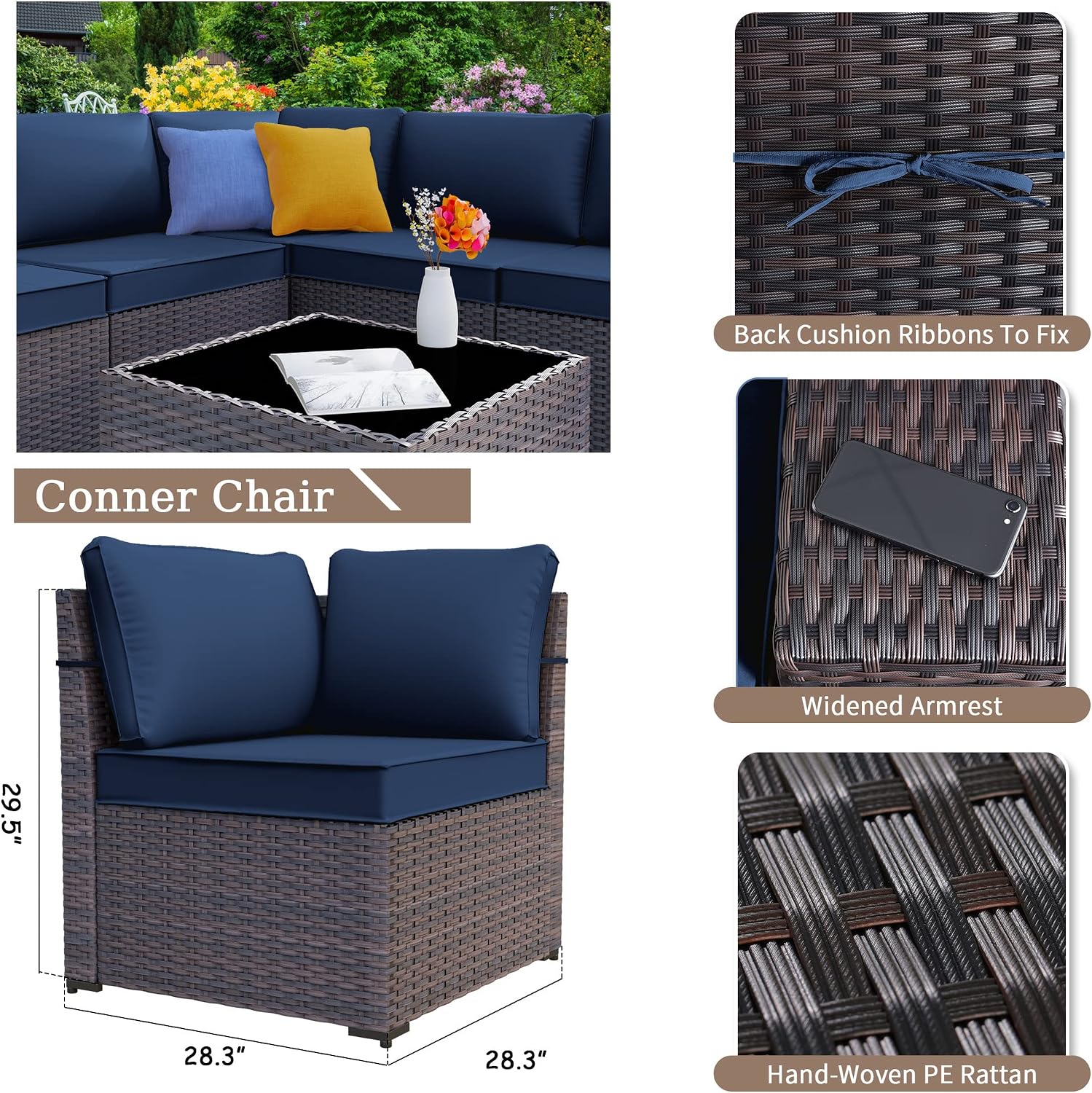 Kurapika 9 Pieces Patio Furniture Set, Rattan Wicker Sofa Set, Outdoor Conversation Sets w/Swivel Rocking Chairs Patio Sectional Sofa w/4in Cushion, Navy Blue