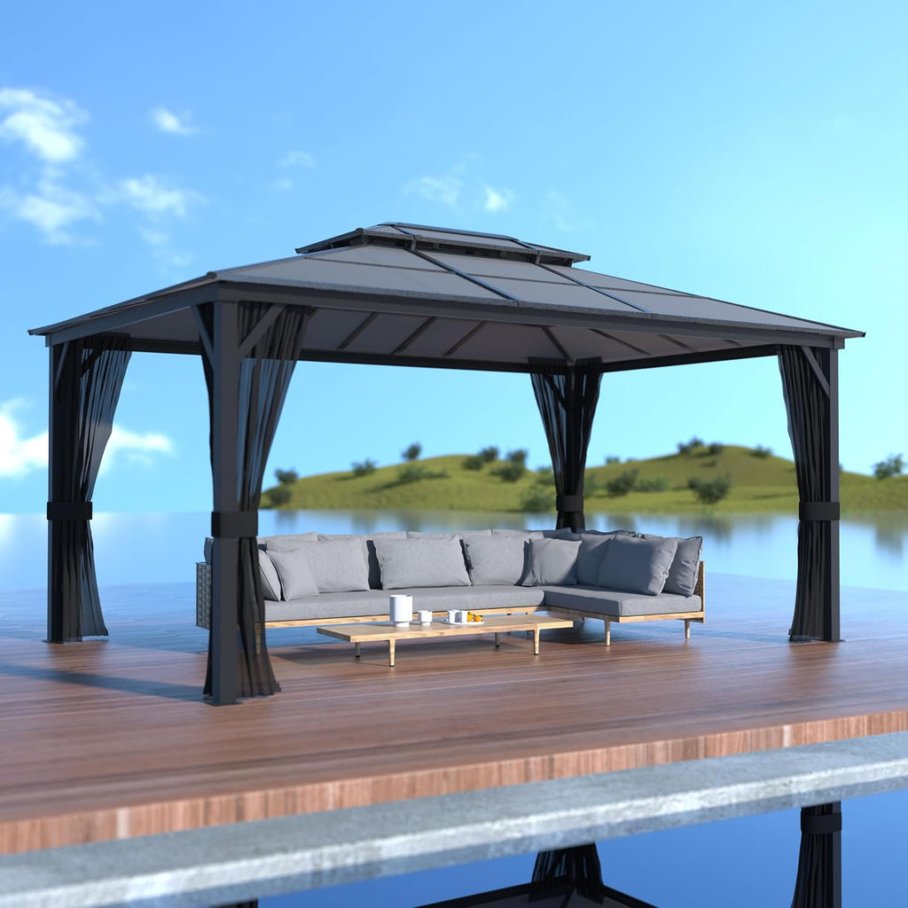 MUPATER Outdoor Gazebo, 12' x 16' Polycarbonate Hardtop with Aluminum Frame, Double Roof Patio with Insect Netting for Patios, Deck, Lawns and Gardens, Black