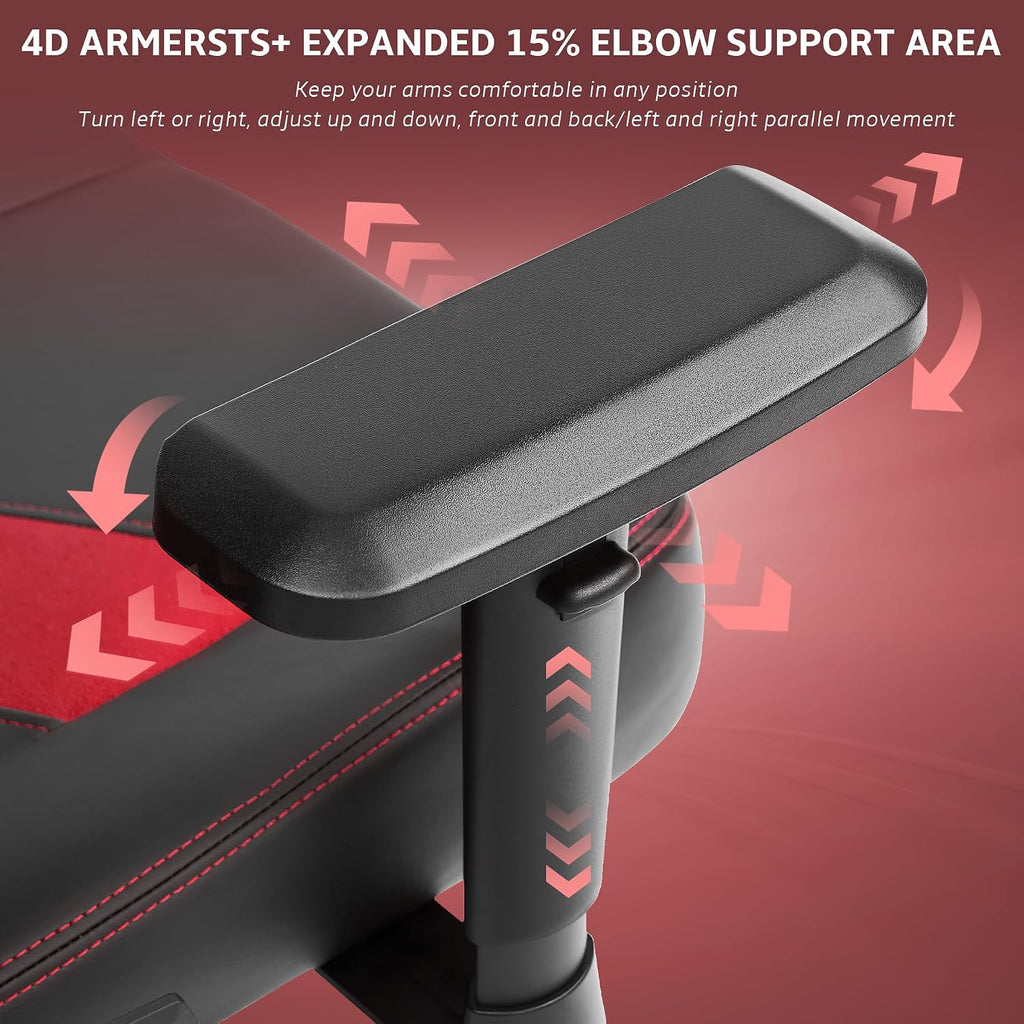 Ergonomic Gaming Chair, Computer Desk Chairs, 4D Armrests, High Back Office Chair with Headrest & Lumbar Pillow, Tilt Rocker Recliner, Heavy-Duty Base, Black PU Leather & Red Suede Combo