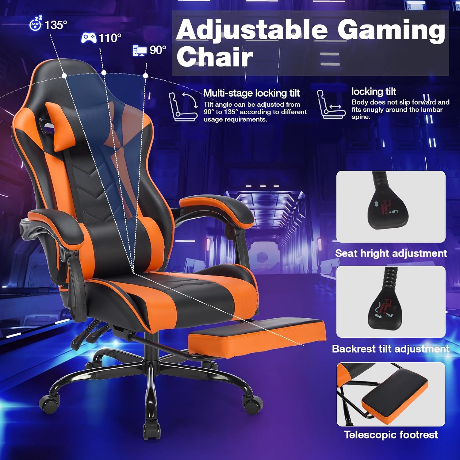 Gaming Chair with Footrest, Ergonomic Computer Chair with Headrest and Lumbar Support, Breathable Material Height Adjustable Swivel Video Game Chairs for Adults, 300lbs Max, Black & Orange