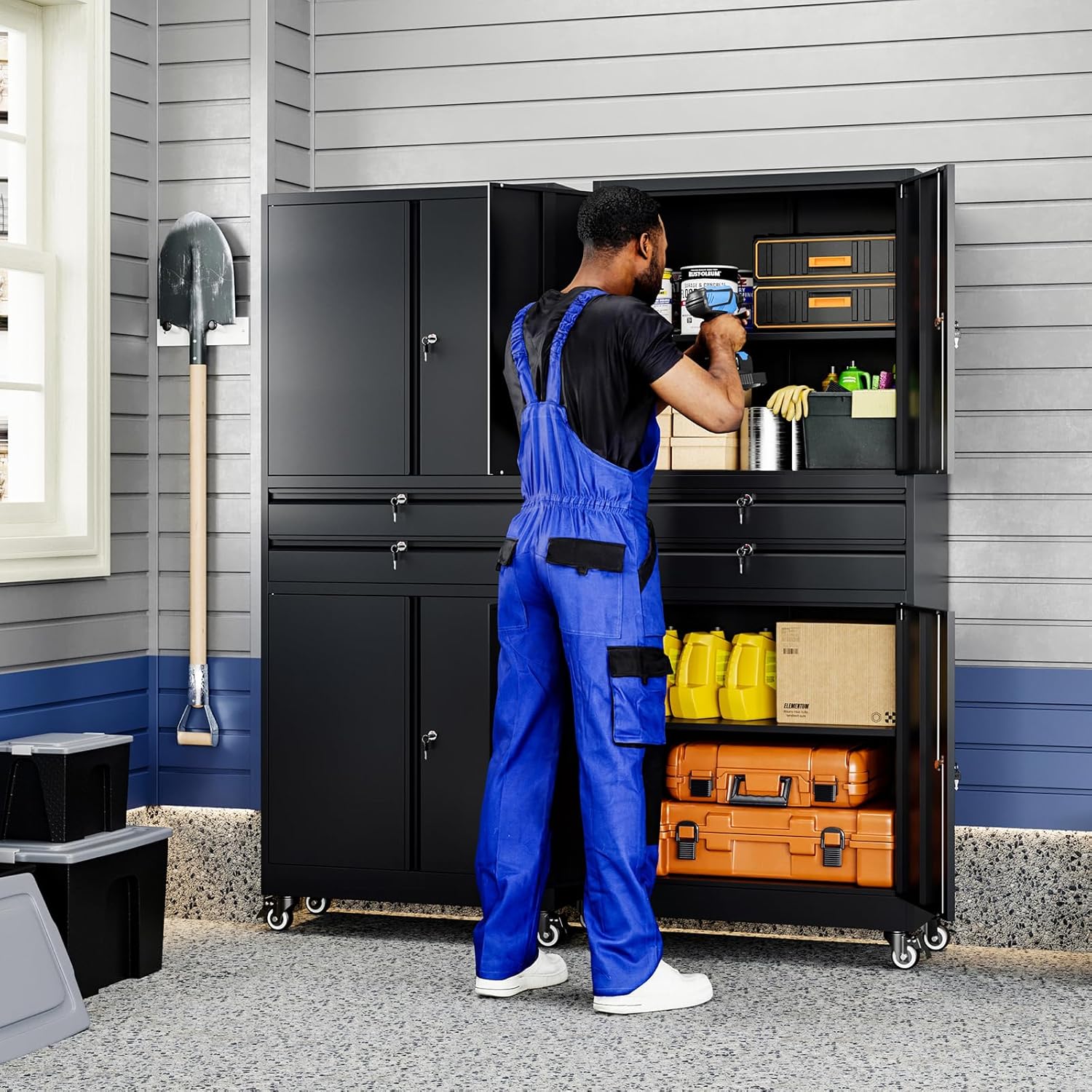 Yizosh Metal Garage Storage Cabinet with Locking Doors and Adjustable Shelves, 74' Rolling Tool Storage Cabinet with 4 Wheels and 2 Drawer for Garage,Warehouse