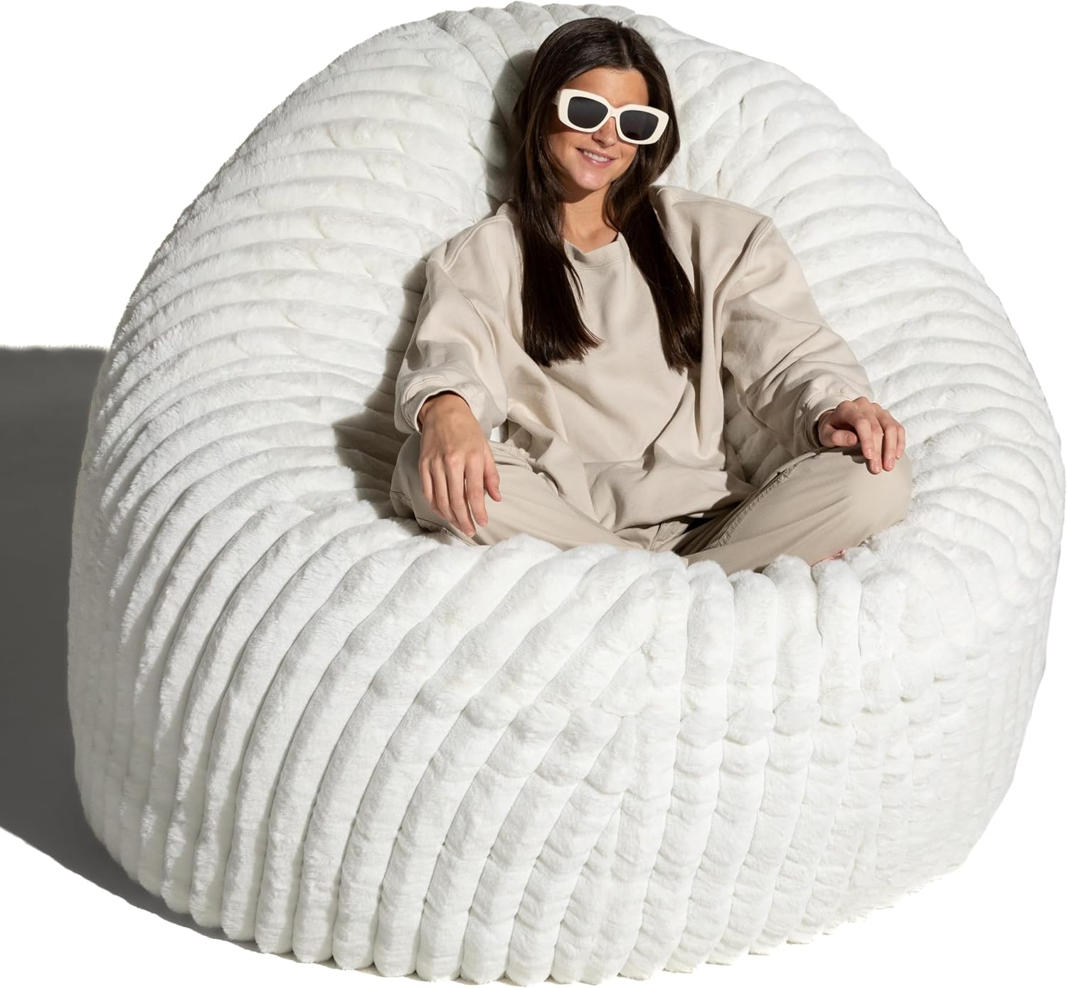 Jaxx 6 Foot Cocoon - 2-in-1 Convertible Bean Bag Bed & Large Bean Bag Chair for Adults, Premium Luxe Faux Fur - Mondo Ivory