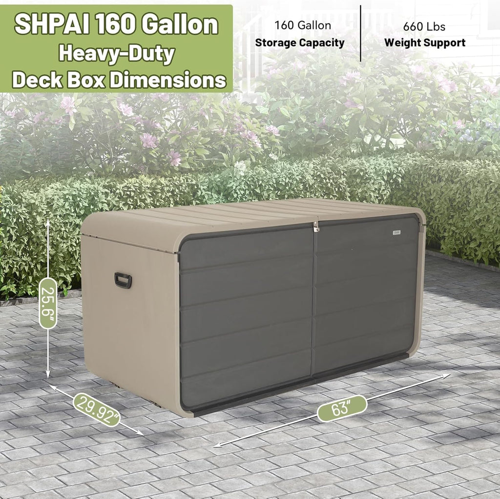 CHUNLY 160 Gallon Plastic Deck Box, Large Patio Storage Box with Lock, Wheels & Waterproof Lid for Outdoor Cushions, Garden and Pool Supplies (Gray)