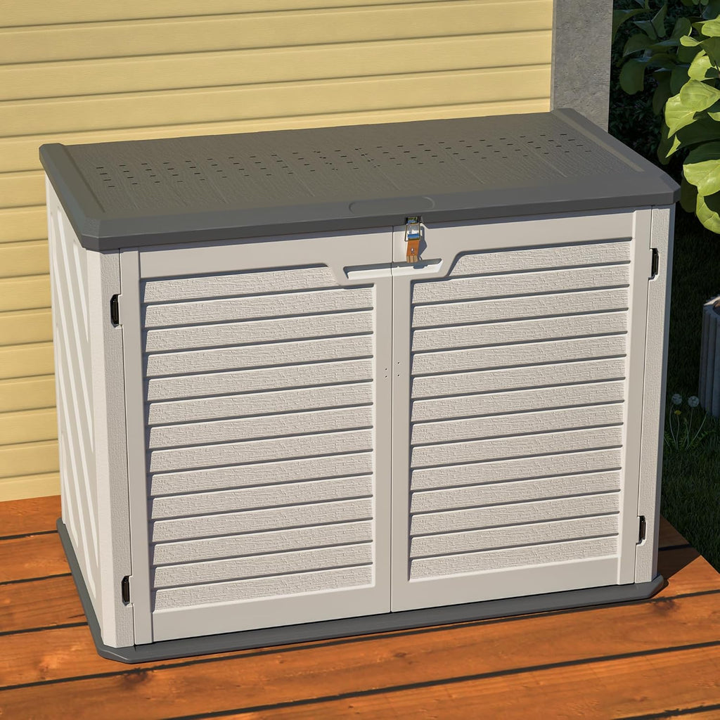 YOPTO Outdoor Storage Shed Horizontal Plastic Shed W/Lockable Cabinet,Weather Resistance Foldable House W/Sloped Roof & Dual-Locking Mechanism,28 Cu.ft Garden Tool House for Backyards,Patio,White