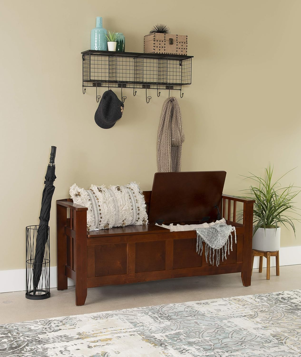 Linon Home Decor Storage Bench with Short Split Seat Storage, Walnut, 50 inchw x 17 inchd x 25.25 inchh.