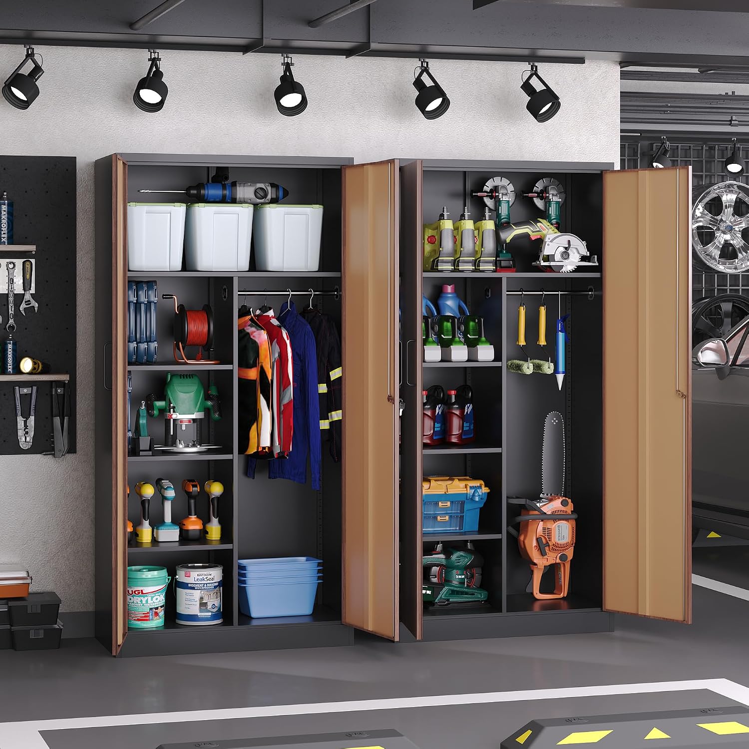 Broom Closet Storage Cabinet with Lock, Metal Garage Storage Cabinet with Doors and Shelves, Steel Wardrobe Cabinet with Hanging Rod, Utility Cabinets Closet for Kitchen, Office, Shop, Warehouse