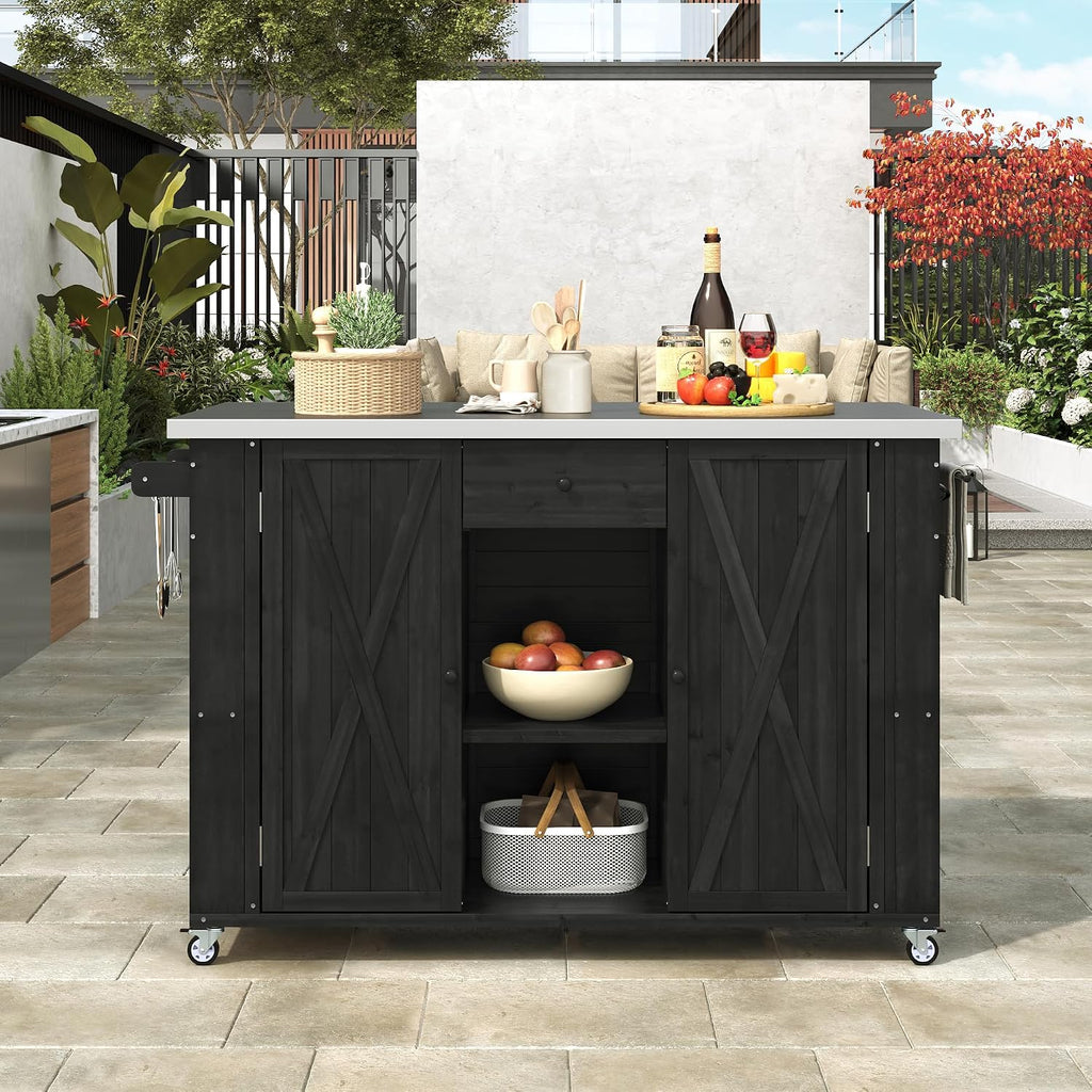 Merax XL Outdoor Table with Stainless Steel Top for Kitchen Prep and Storage Cabinet for Grilling Accessories, Outdoor Kitchen Island Grill Cart with Towel and Spice Racks & a Bottle Opener, Black
