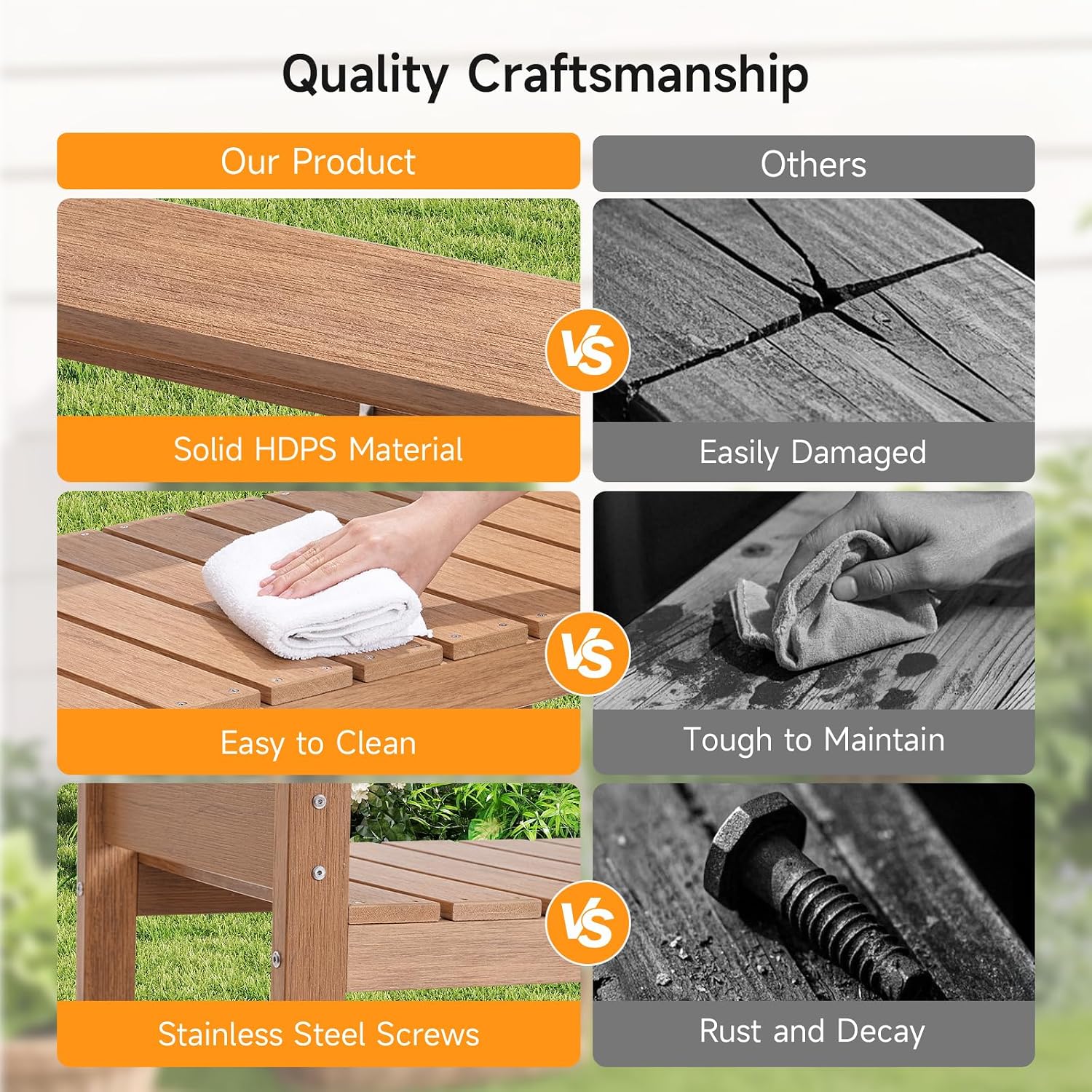 ONBRILL HDPS Potting Bench, All Weather Potting Table with 8 Hooks and Highten Tabletop, Easy Assembly Garden Work Bench, Outdoor Potting Benches for Outside Patio Lawn, 360LBS Capacity, Teak