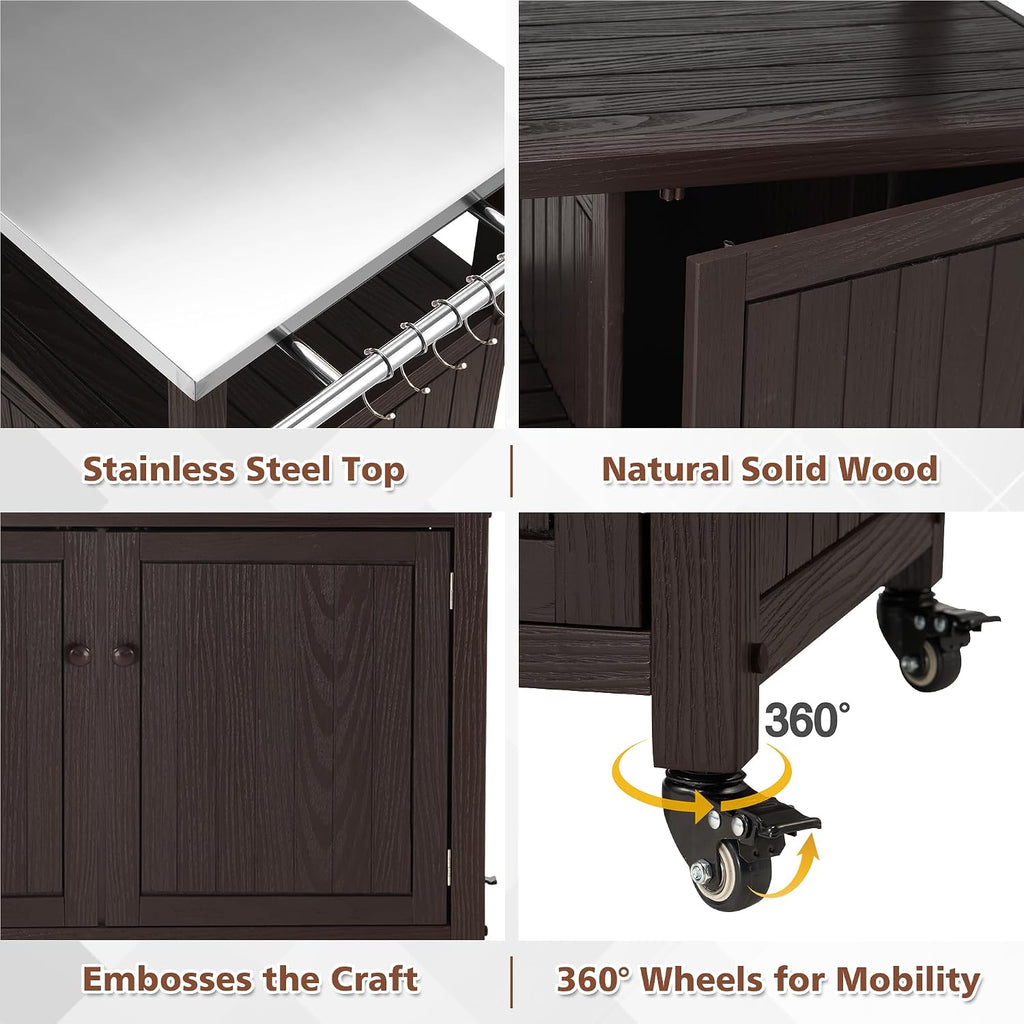 AHB Outdoor Grill Table Solid Wood Storage Cabinet, Rolling Kitchen Island, Movable Bar Cart with Stainless Steel Top for Outside Patio, Backyard, Garden (Two Doors)